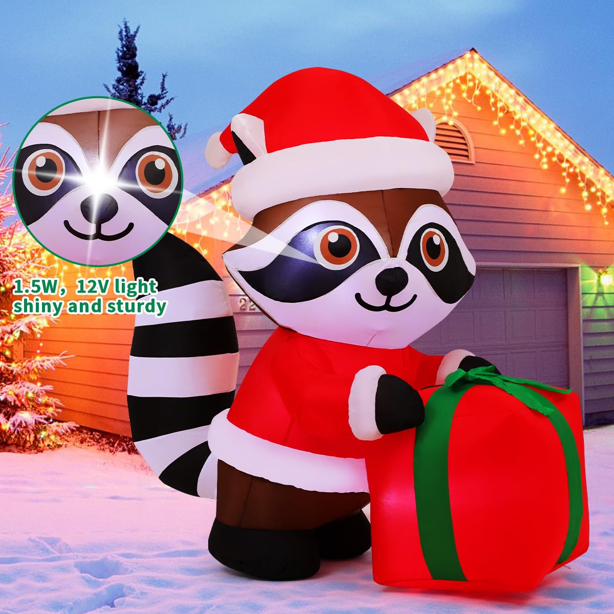 COMIN 5.2 FT Inflatable Raccoon with Gift Package - Outdoor Christmas Decoration, Polyester, CO-27672, Built-in LEDs for Yard Decor