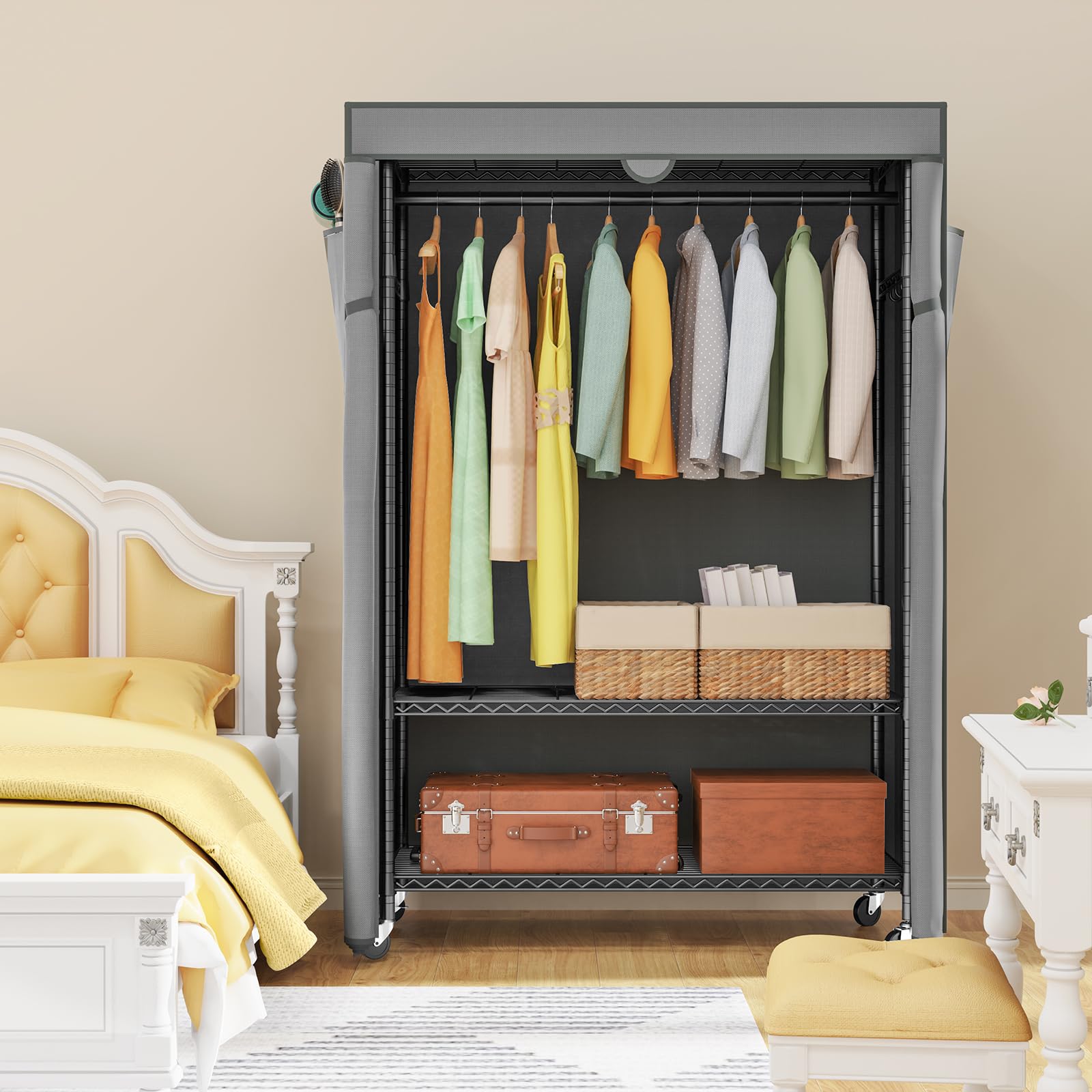 Lehom G1C Heavy Duty Clothes Rack With Cover, Rolling Garment Rack For Hanging Clothes, Portable Closets With Oxford Fabric Cove