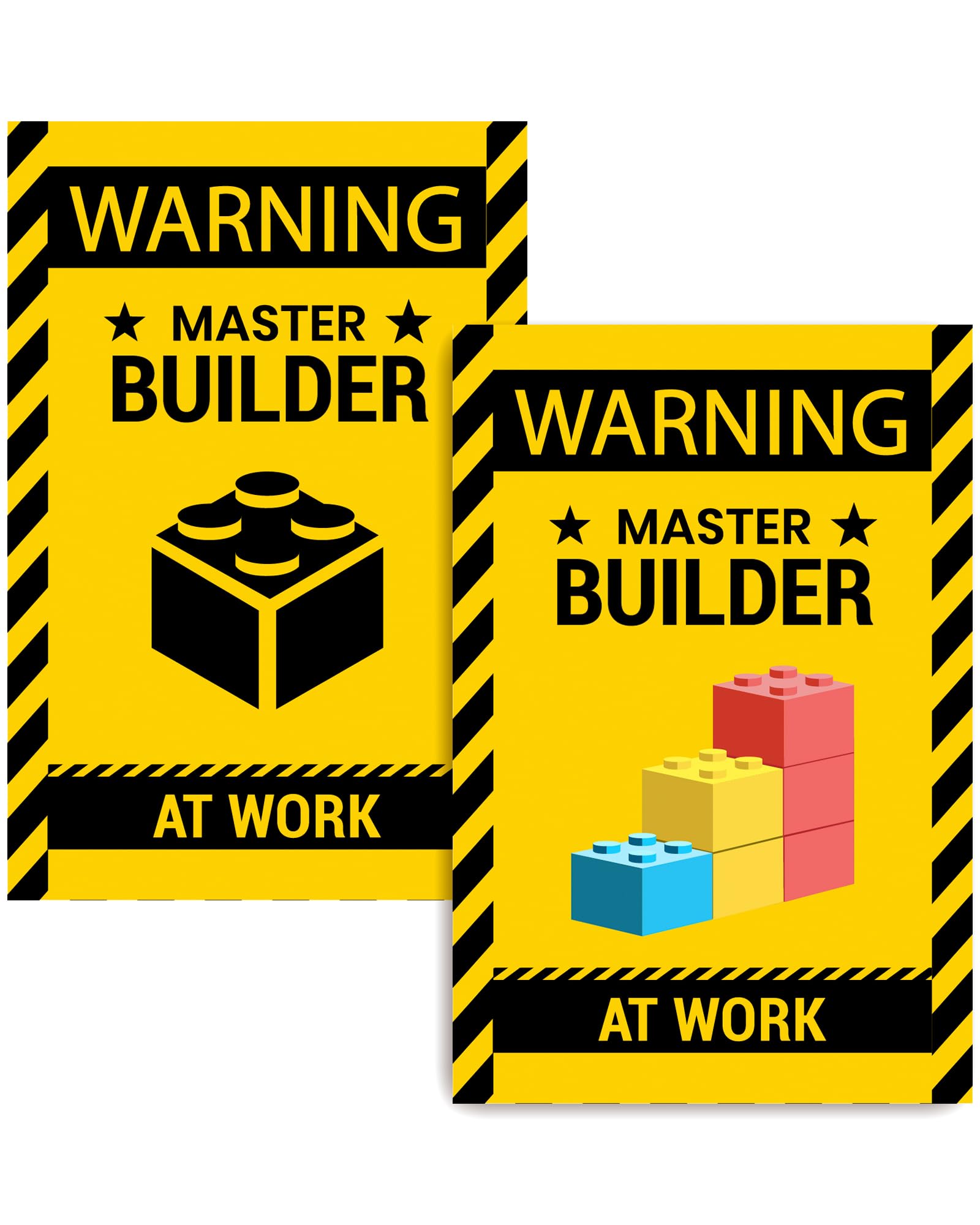 2 Pcs Wall Decor Warning Master Builder At Work, Vinyl Print Building Block Bricks Door & Room Caution For Brickbuilders, Child,