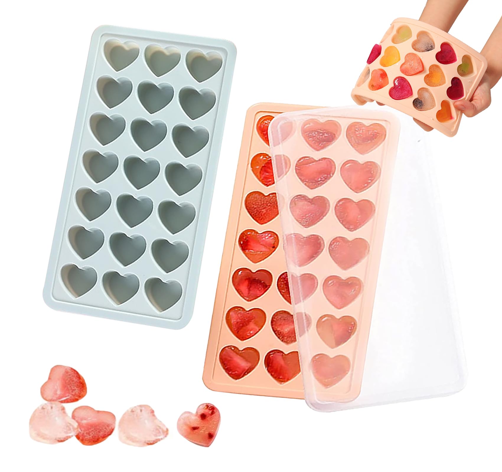 2 Pack Heart-Shaped Ice Cube Trays - 42 Holes Silicone Heart Ice Cube Tray with Lid, BPA Free and Dishwasher Safe, Mini Fun Ice 