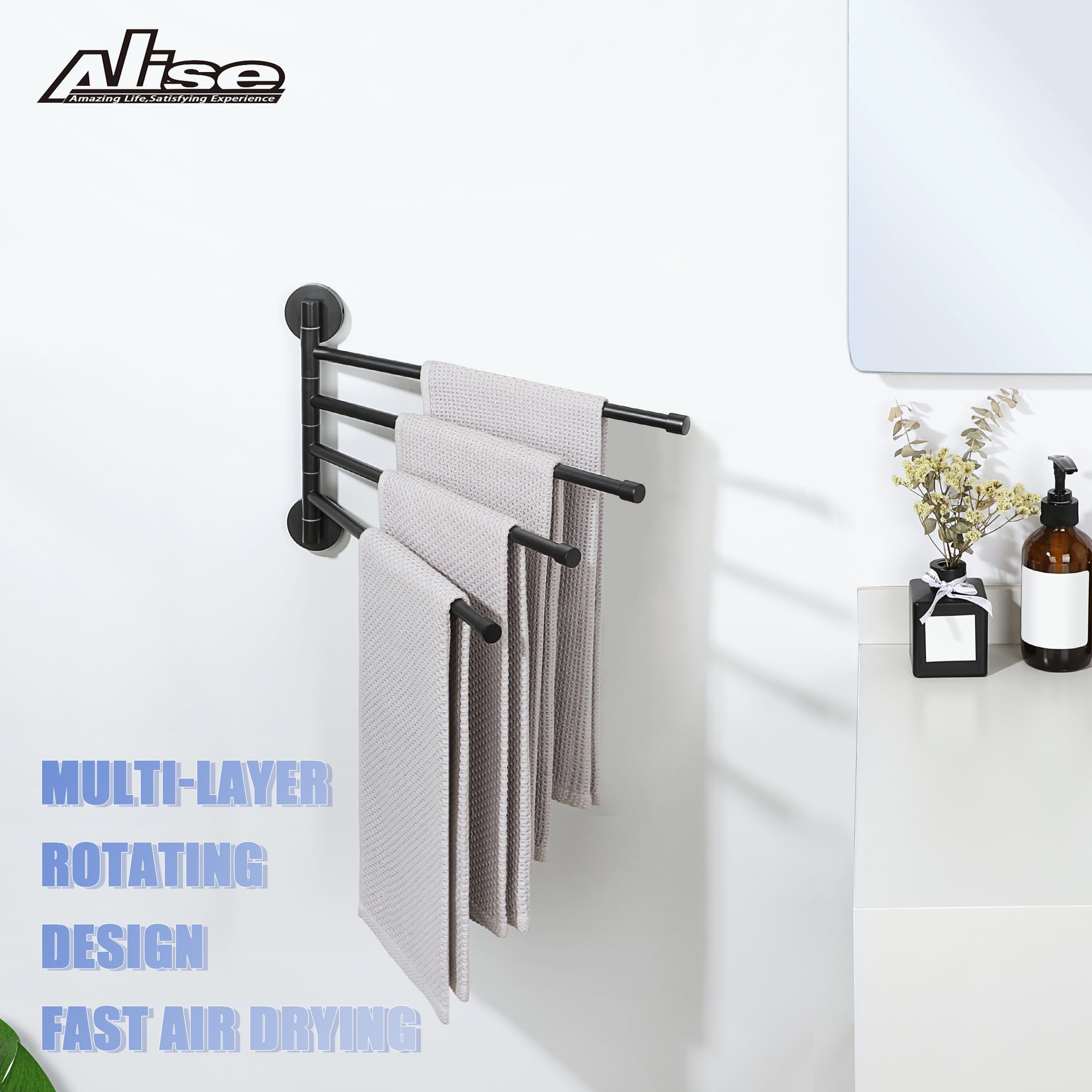 Alise Swivel Towel Rack Folding 4 Arms Hand Towel Bars Towel Hanger for Bathroom Wall Mount Drying Racks for Laundry SUS304 Stainless Steel Swing Out Towel Holder Storage Space Saving Matte Black