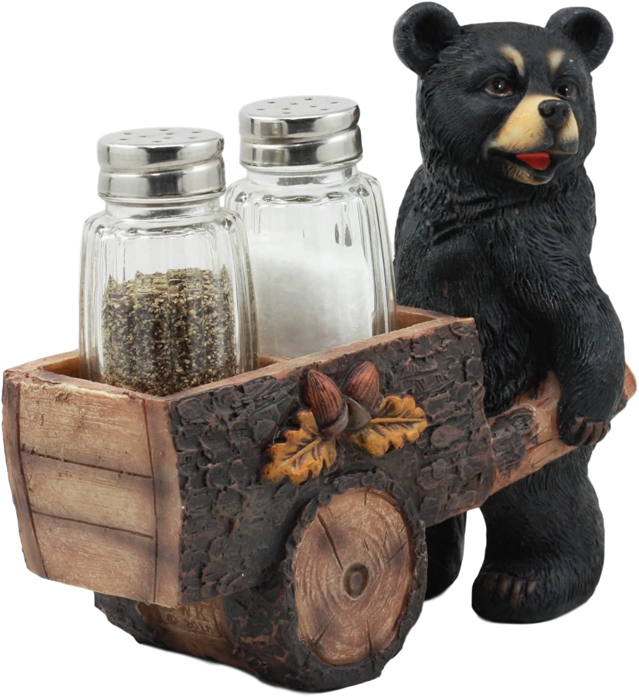 Ebros Woodlands Spice Delivery Black Bear Pushing Vintage Wagon Cart Salt And Pepper Shakers Holder Figurine Set Forest Rocky Mo