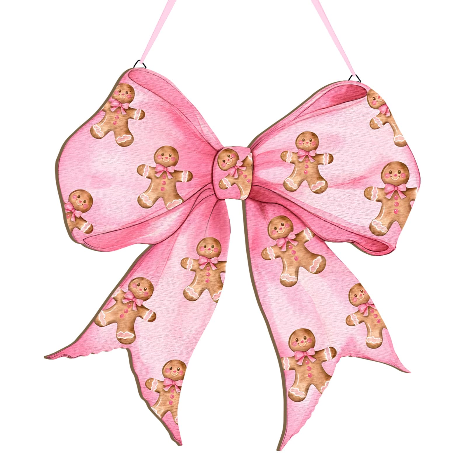 RattanView Pink Christmas Gingerbread Man Coquette Bows Wooden Hanging Sign Cute Preppy Aesthetic Wall Art Bowknot Welcome Door 