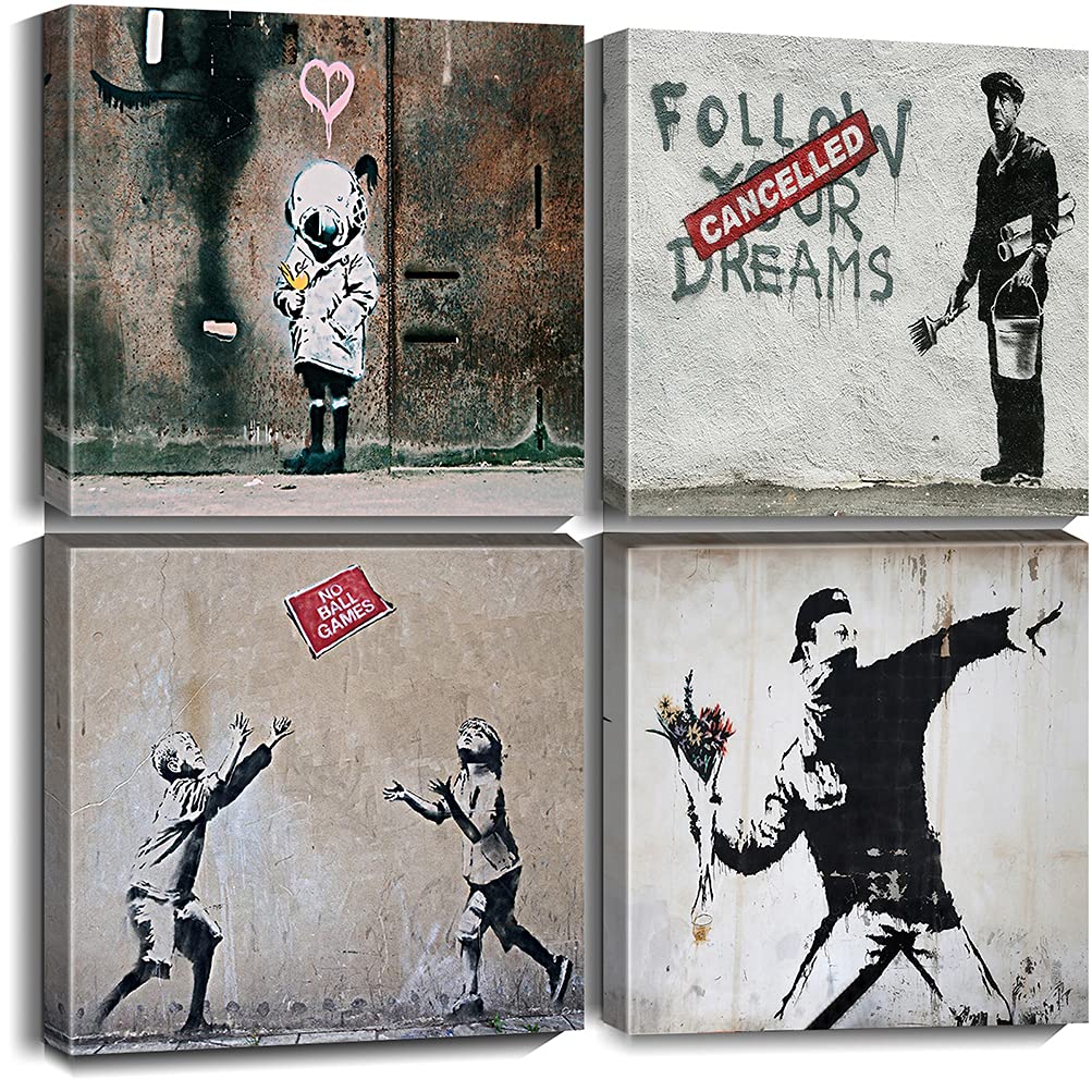Cortolar Banksy Canvas Wall Art Graffiti Print Picture Abstract Painting For Bedroom Living Room Bathroom Wall Decor (12''X12''X