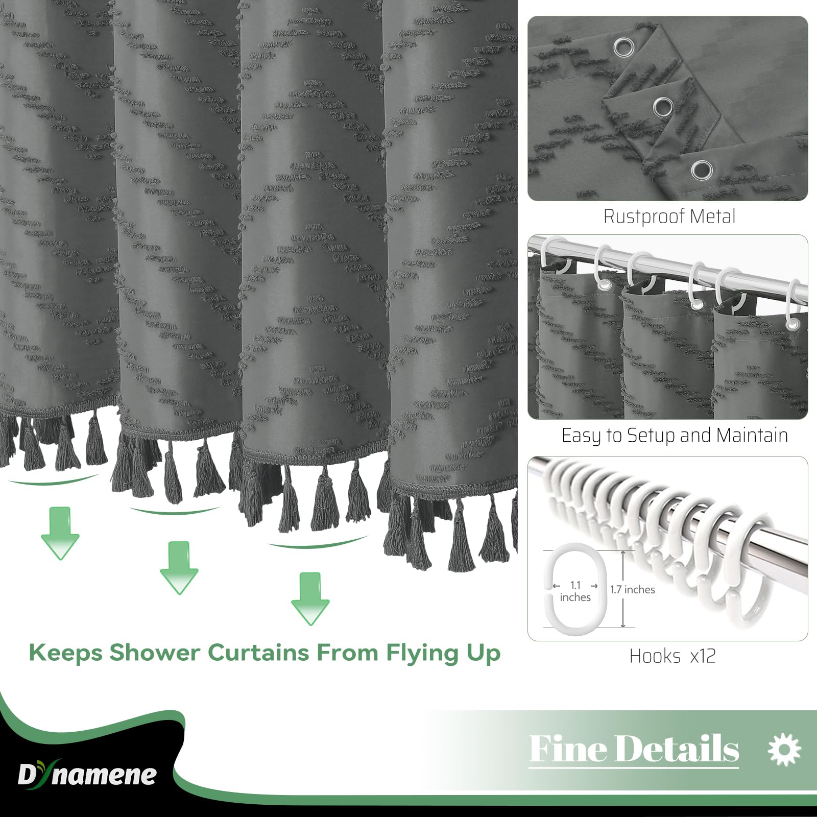 Dynamene Extra Long Shower Curtain, 84 Inch Long Boho Tufted Chevron Striped Fabric Shower Curtain For Bathroom, Tall Shabby Chi