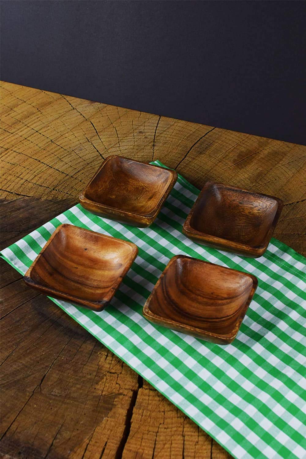 Acacia Handmade Wood Carved Plates - Set Of 4 Calabash Bowls Size 4'' (Square)