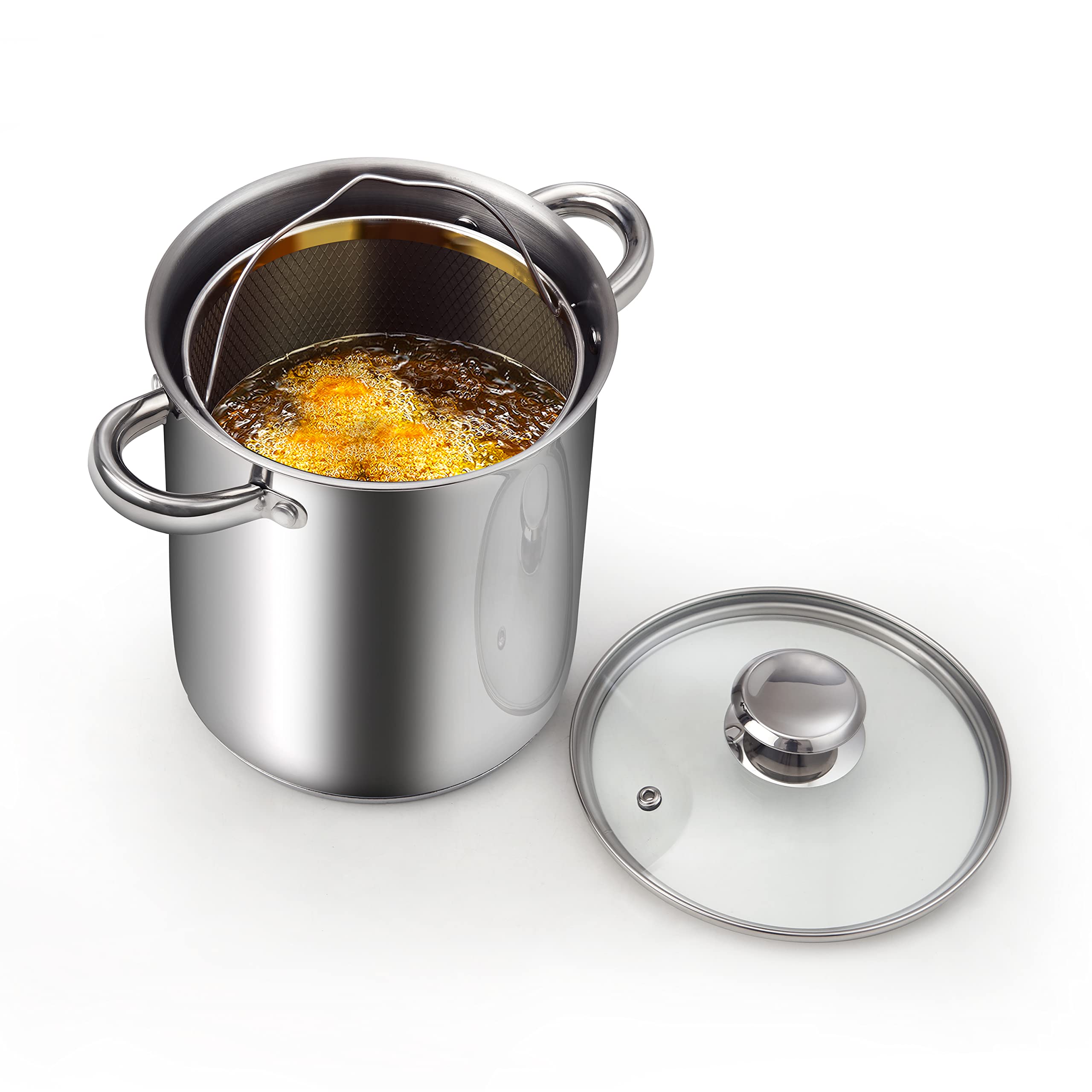 Cook N Home Deep Fryer Pot, Japanese Tempura Small Stainless Steel Deep Frying Pot, 304 Stainless Steel With Oil Drip Drainer Ra