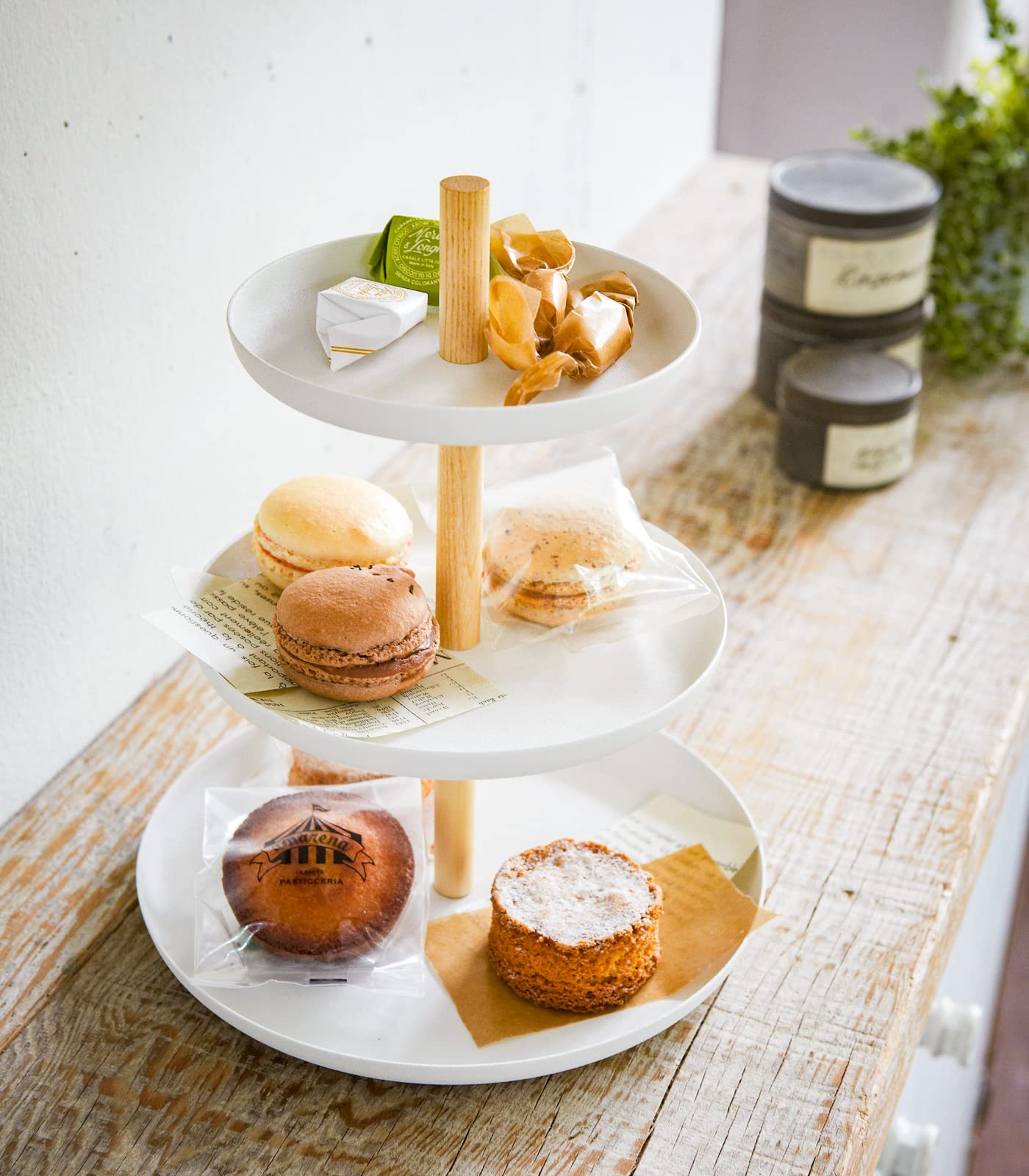 Yamazaki Home 3-Tier Food Serving Stand - Appetizer & Dessert Tray Party Organizer Steel + Wood White