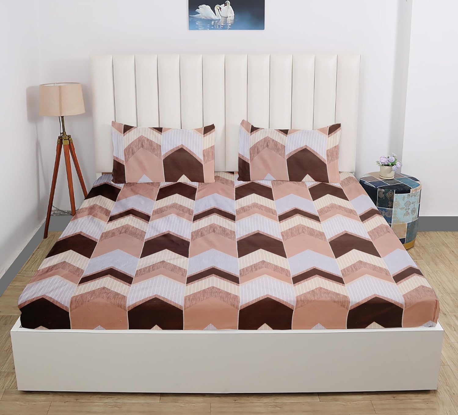 Tript Elastic Fitted Glace Cotton King Size (78X72 Inches Upto 6 Inches) Bedsheet For Kids With 2 Pillow Covers - 200Tc Brown Zi