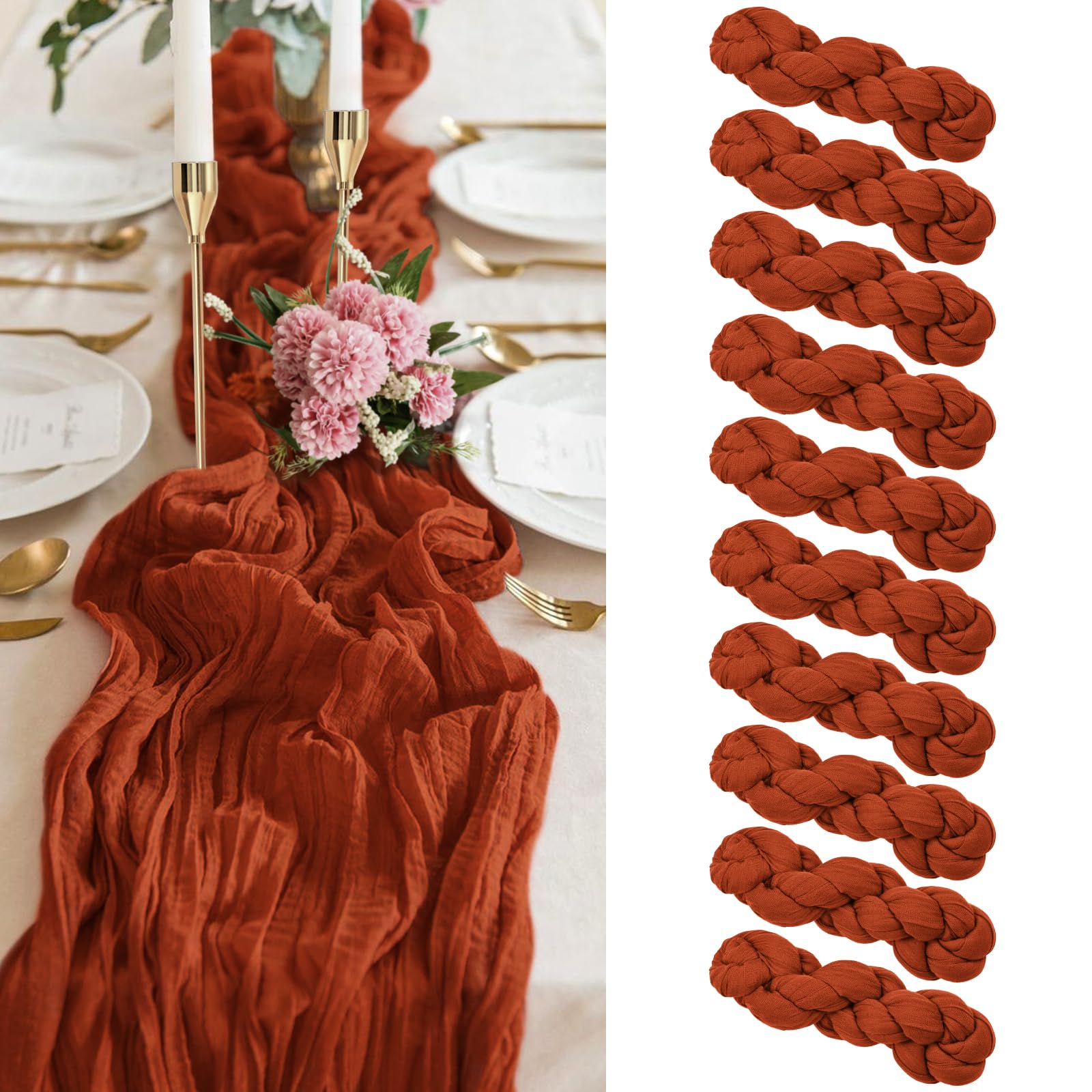 10Pack Terracotta Cheesecloth Table Runner, 10Ft Gauze Rustic Boho Cheese Cloth Table Runner 35X120 Inch Long Romantic Sheer Tab