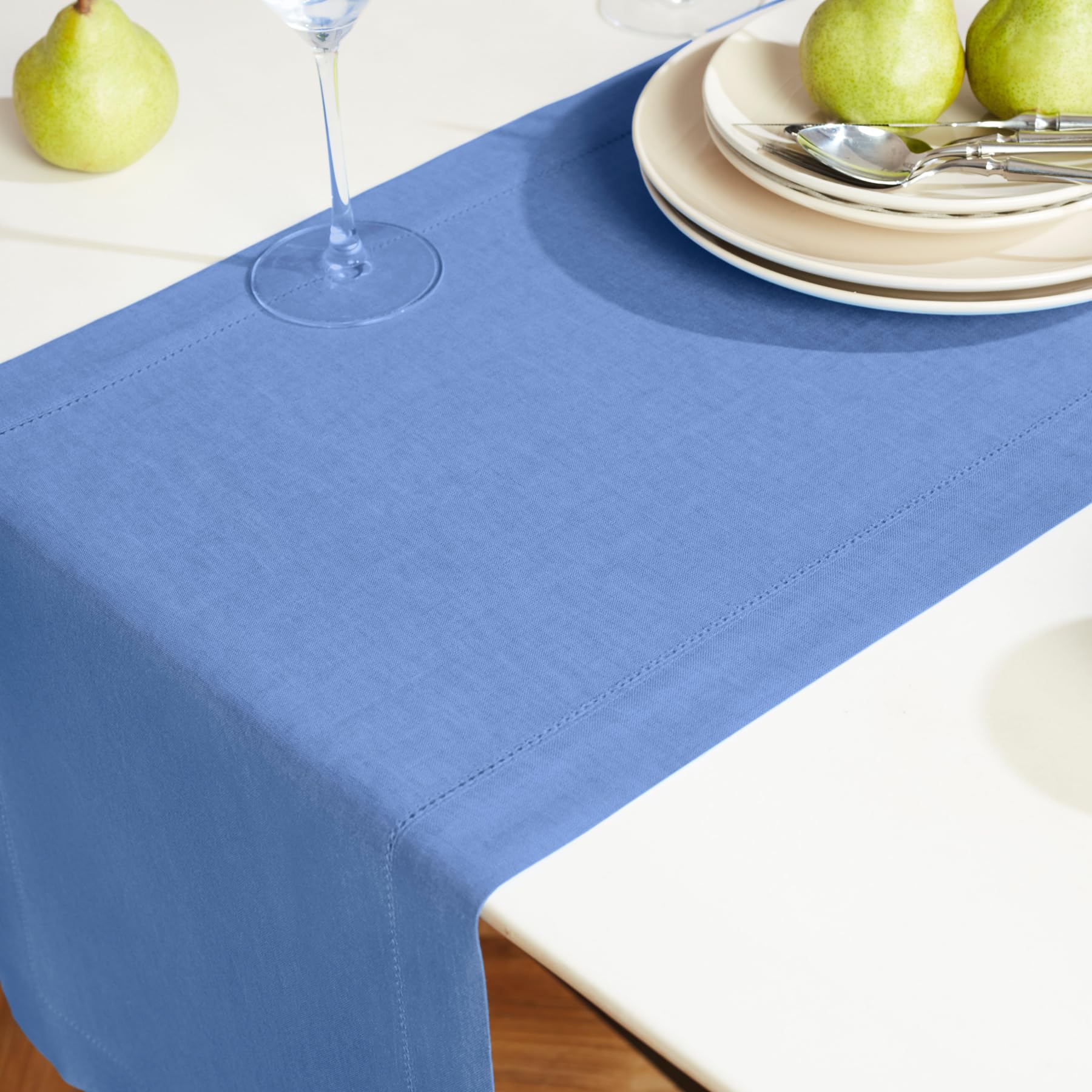 Solino Home Linen Blue Table Runner 60 Inch - 100% Pure Linen Hemstitch Short Table Runner 14 X 60 Inch Ideal For Dresser And Co