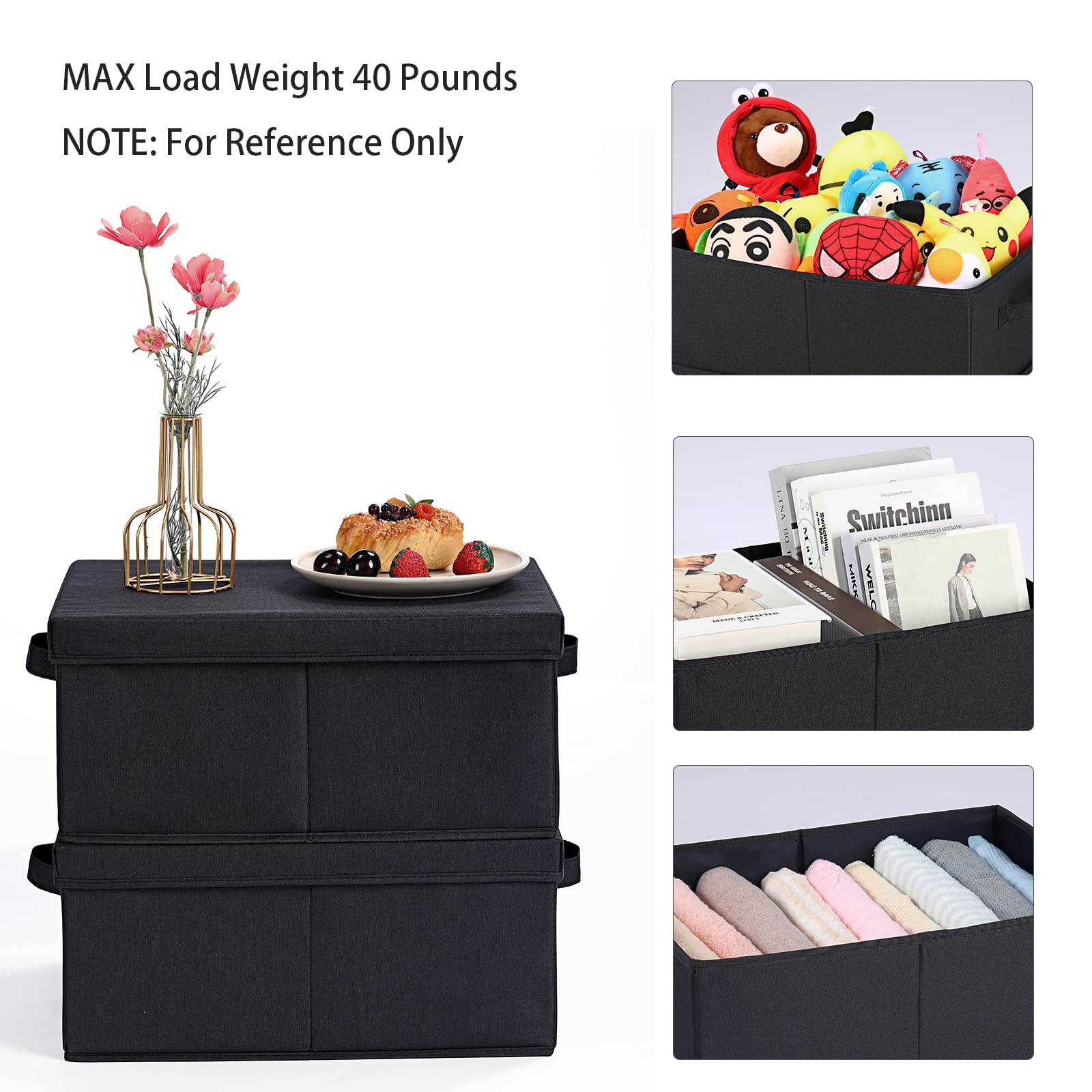 HOONEX Storage Bins with Lids for Organizing  Pack of 2  Storage Boxes with 2 Carrying Handles and Study Heavy Cardboard  16.5'' L x 11.8'' W x 7.5'' H for Toy  Shoes  Books  Clothes  Nursery  Black