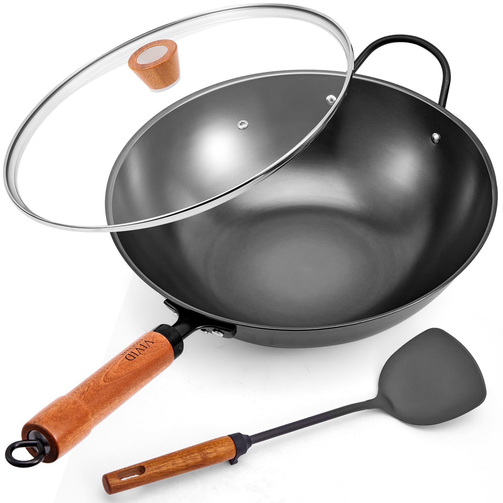 VIVIDCOOKWARE 12.6 Inch Carbon Steel Wok with Lid, Flat Bottom Induction Wok Pan, NonCoated Stir Fry Wok Skillet with Helper Ha