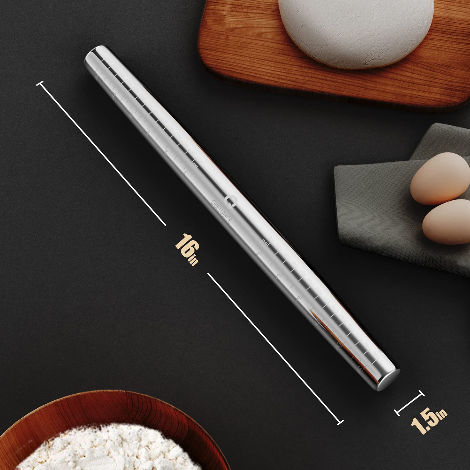 QUELLANCE French Rolling Pin, 16" Stainless Steel Dough Roller, Silver, Model 8541885853