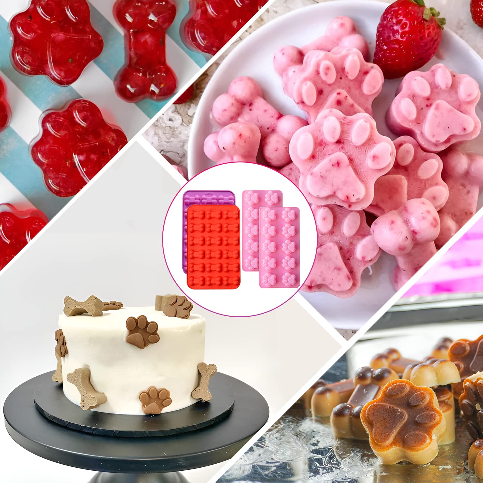 Lukinuo Paw Print Mold Puppy Dog Paw And Bone Silicone Molds 4Pcs Dog Treat Molds Silicone Baking Mold For Puppy Treats Ice Crea