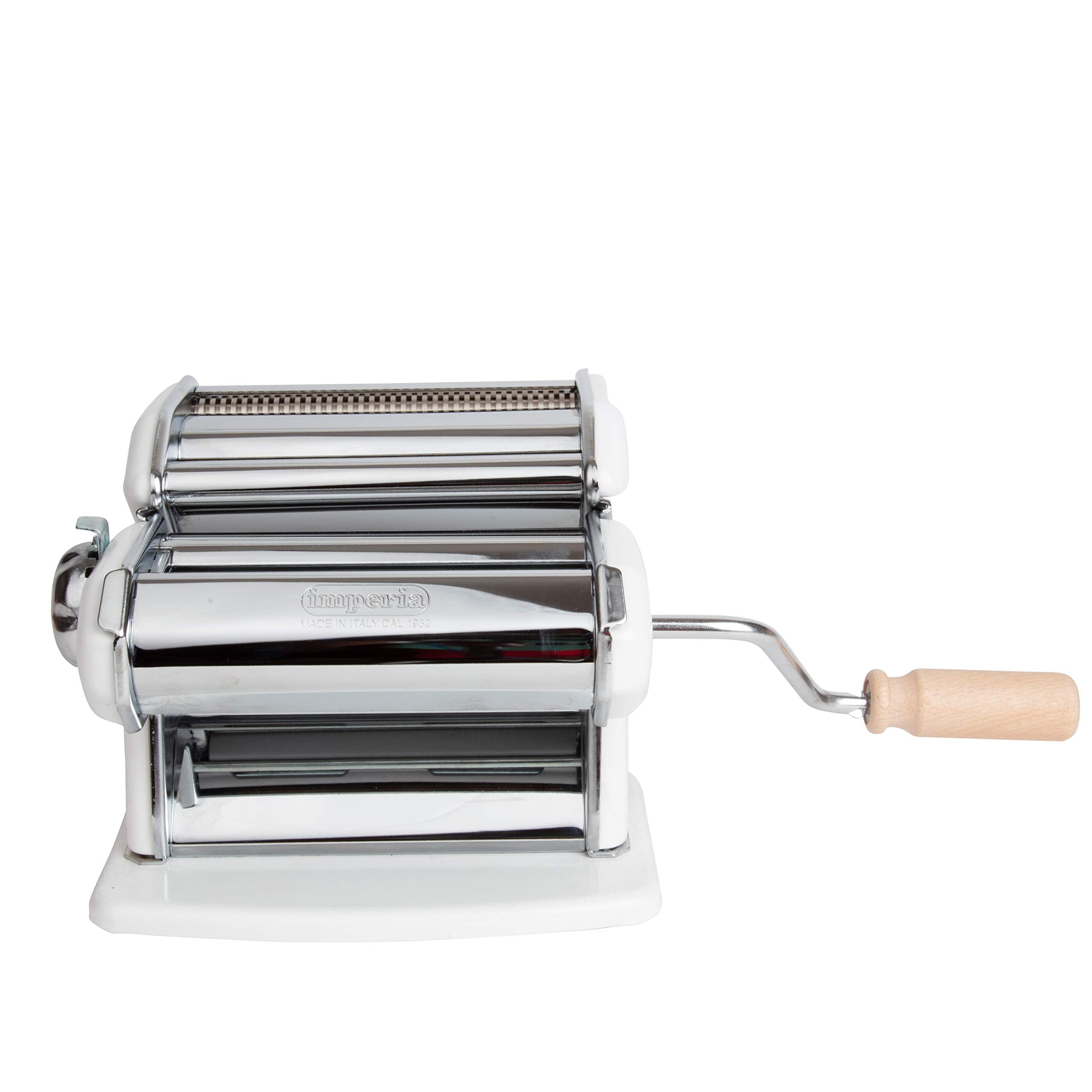 Imperia Pasta Maker Machine, White, Made In Italy- Heavy Duty Steel Construction W Easy Lock Dial, Wood Grip Handle For Authenti