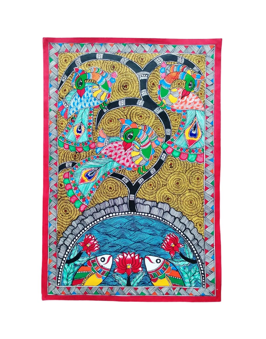 Mini Art Beautiful Mithila Painting Madhubani Painting Peacock & Fish (22 X 15 Inch)-Unframed