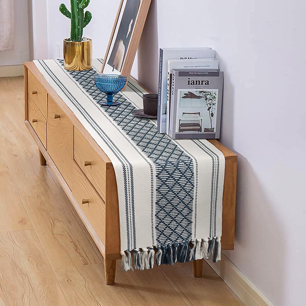 Oveesha Boho Table Runner With Tassel 14 X 72 Inches, Blue & Cream, Woven Washable Dresser Scarf And Topper For Bedroom, Farmhou