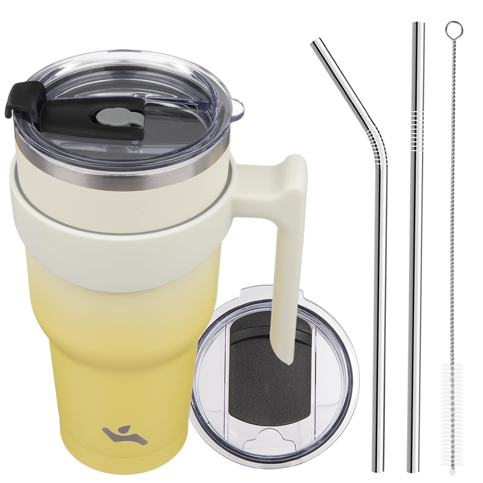 Konokyo 40 oz Tumbler with Handle and 2 Straw 2 Lid, Insulated Water Bottle Stainless Steel Vacuum Cup Reusable Travel Mug,Lemon