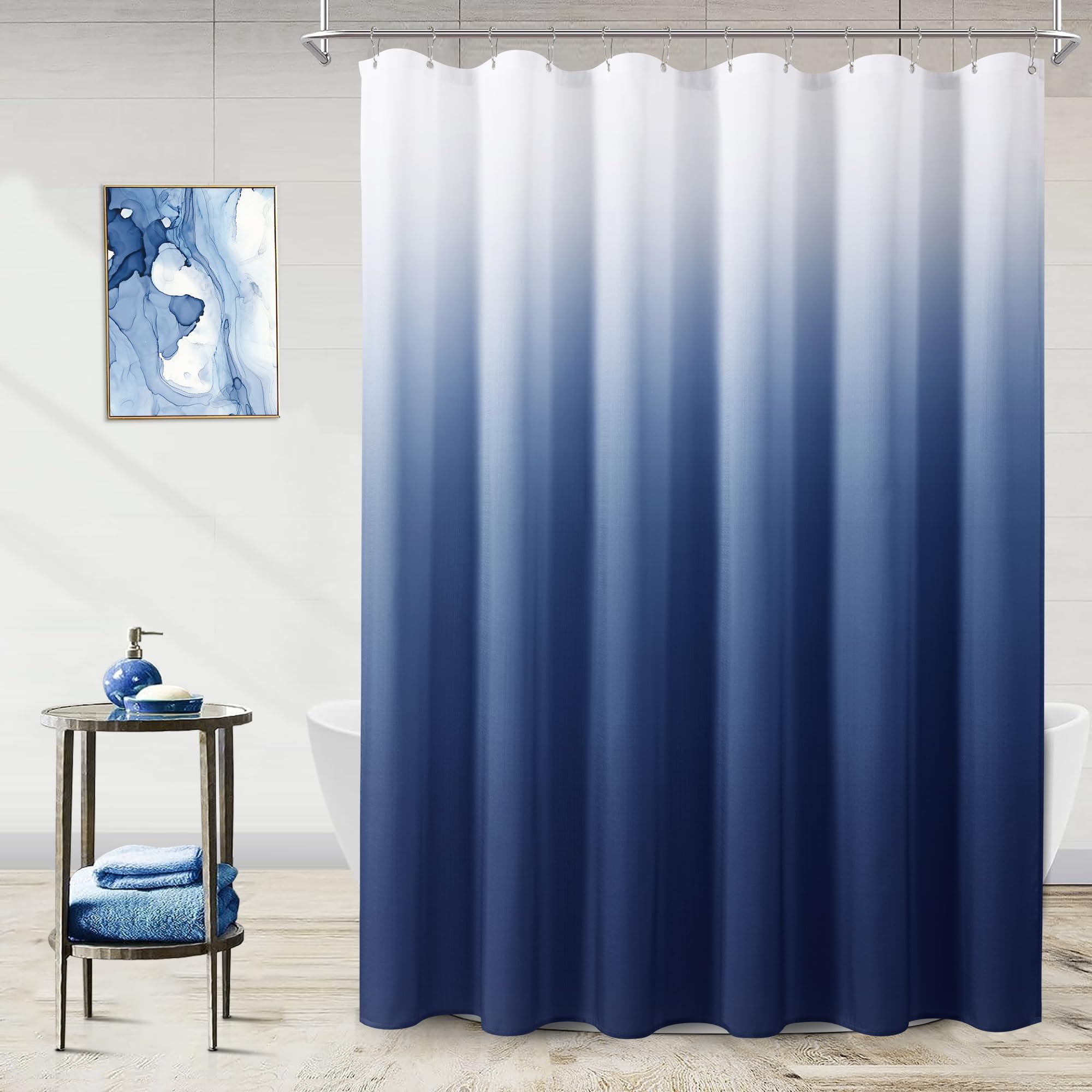 Navy Blue And White Shower Curtains For Bathroom, Ombre Indigo Royal Light Blue Cloth Fabric Shower Curtain Set With 12 Hooks Ro
