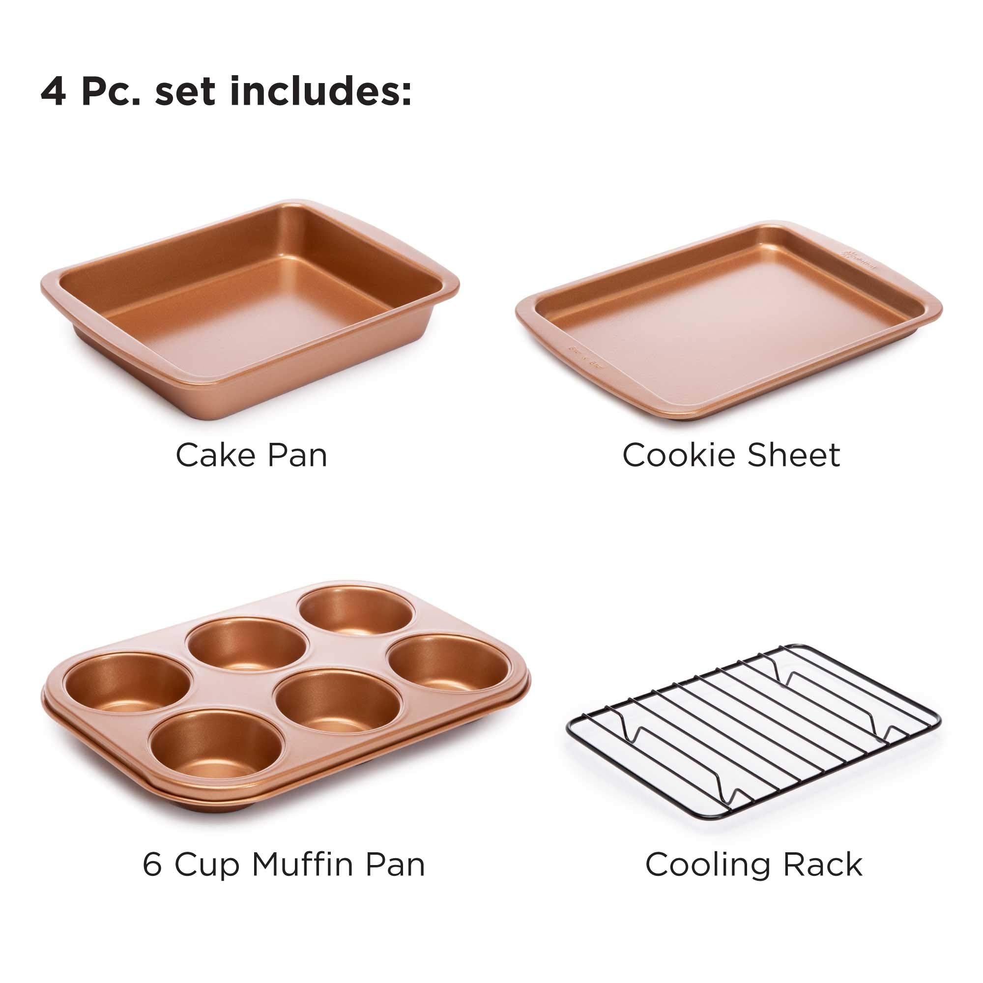 Ecolution Non-Stick Toaster Oven Bakeware Set 4-Piece, Carbon Steel, Easy To Clean And Perfect For Single Servings, Copper