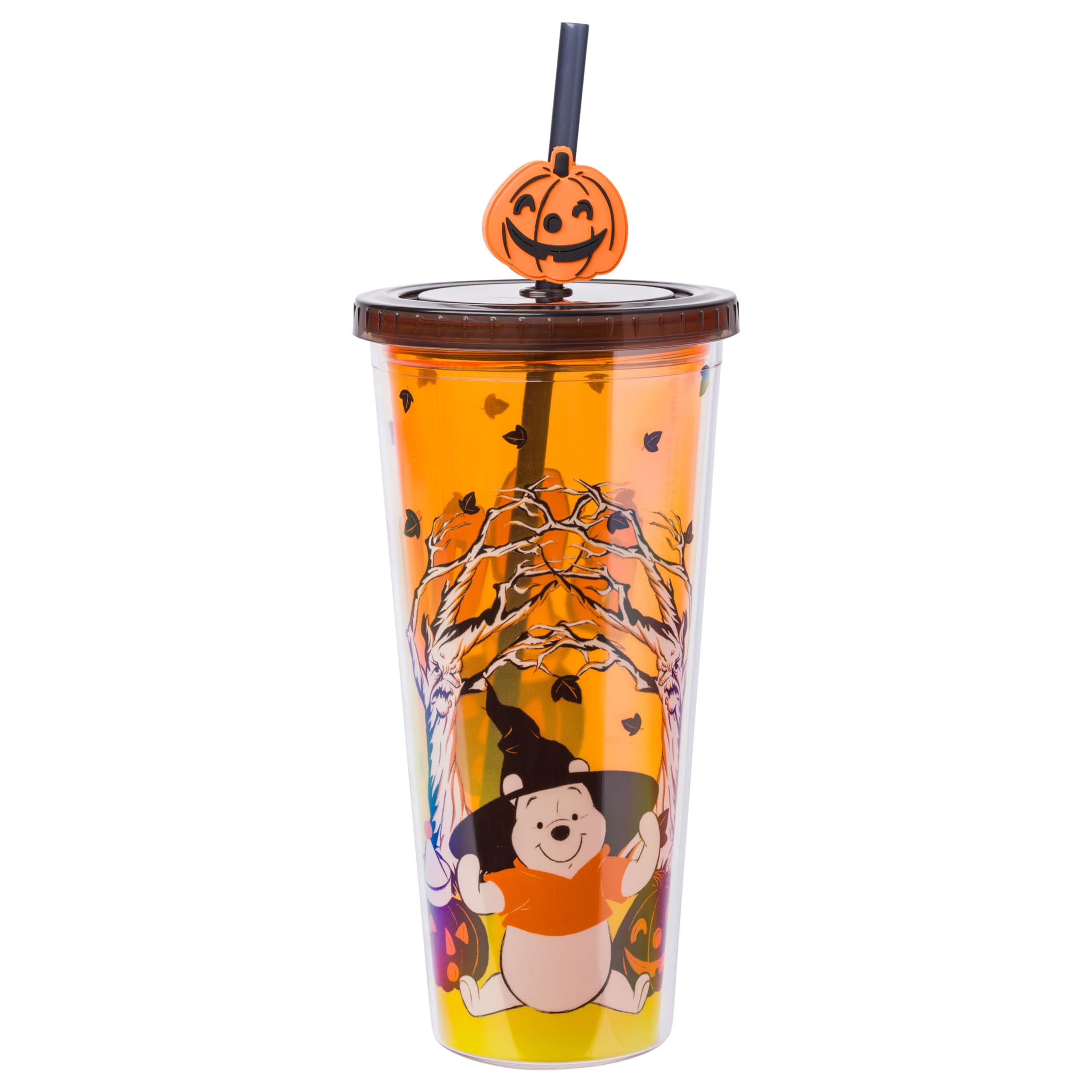 Silver Buffalo Disney Winnie the Pooh Spooky Witch Halloween Plastic Cold Cup with Lid and Festive Jack-O-Lantern Straw Topper, 