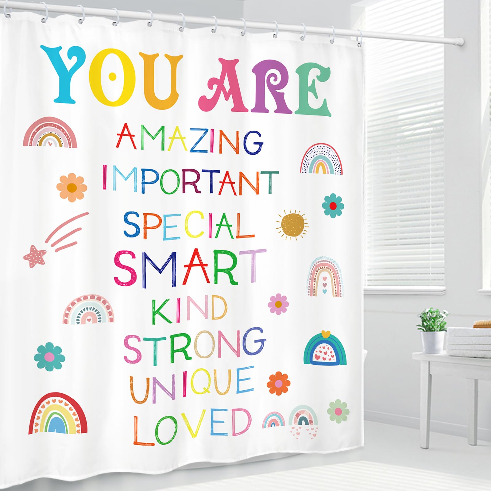 Kalmico Girls Quotes Inspirational Shower Curtain 60Wx72L Inch Rainbow You Are Motivational Positive Kids Nursery Bathroom Set A