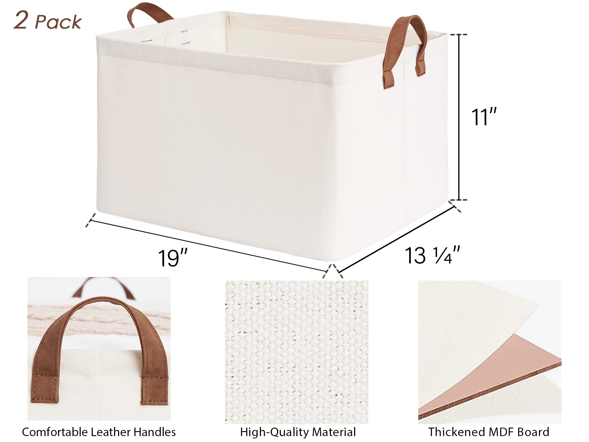 StorageWorks 45L Extra Large Fabric Storage Bins with PU Handles  Storage Baskets for Organizing  Large Laundry Basket  2-Pack  Natural Color