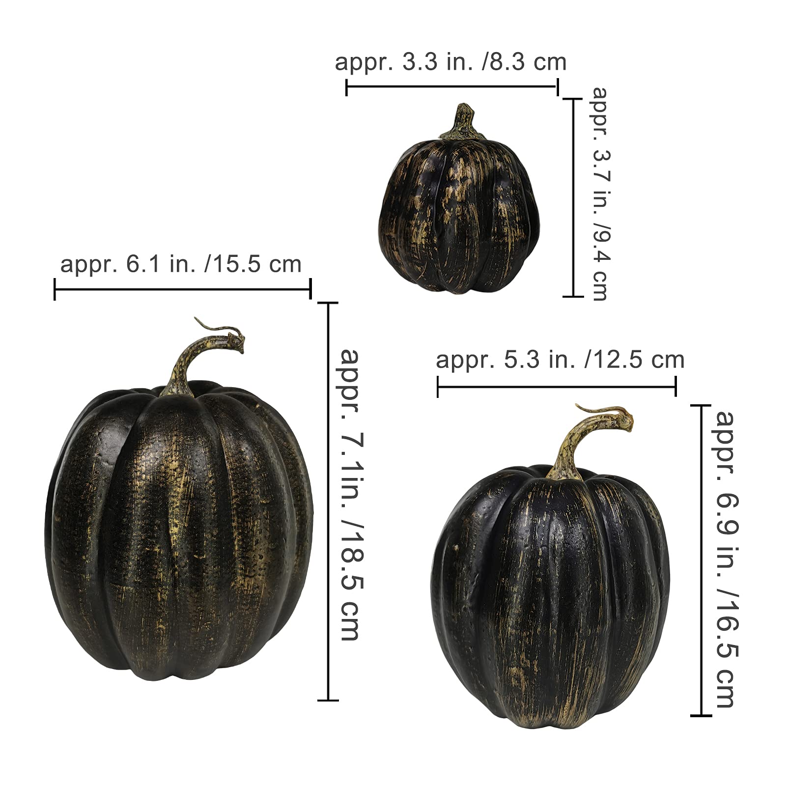 Winlyn 7 Pcs Assorted Artificial Gold Brush Black Pumpkins Rustic Decorative Halloween Faux Foam Pumpkins for Fall Halloween Tha