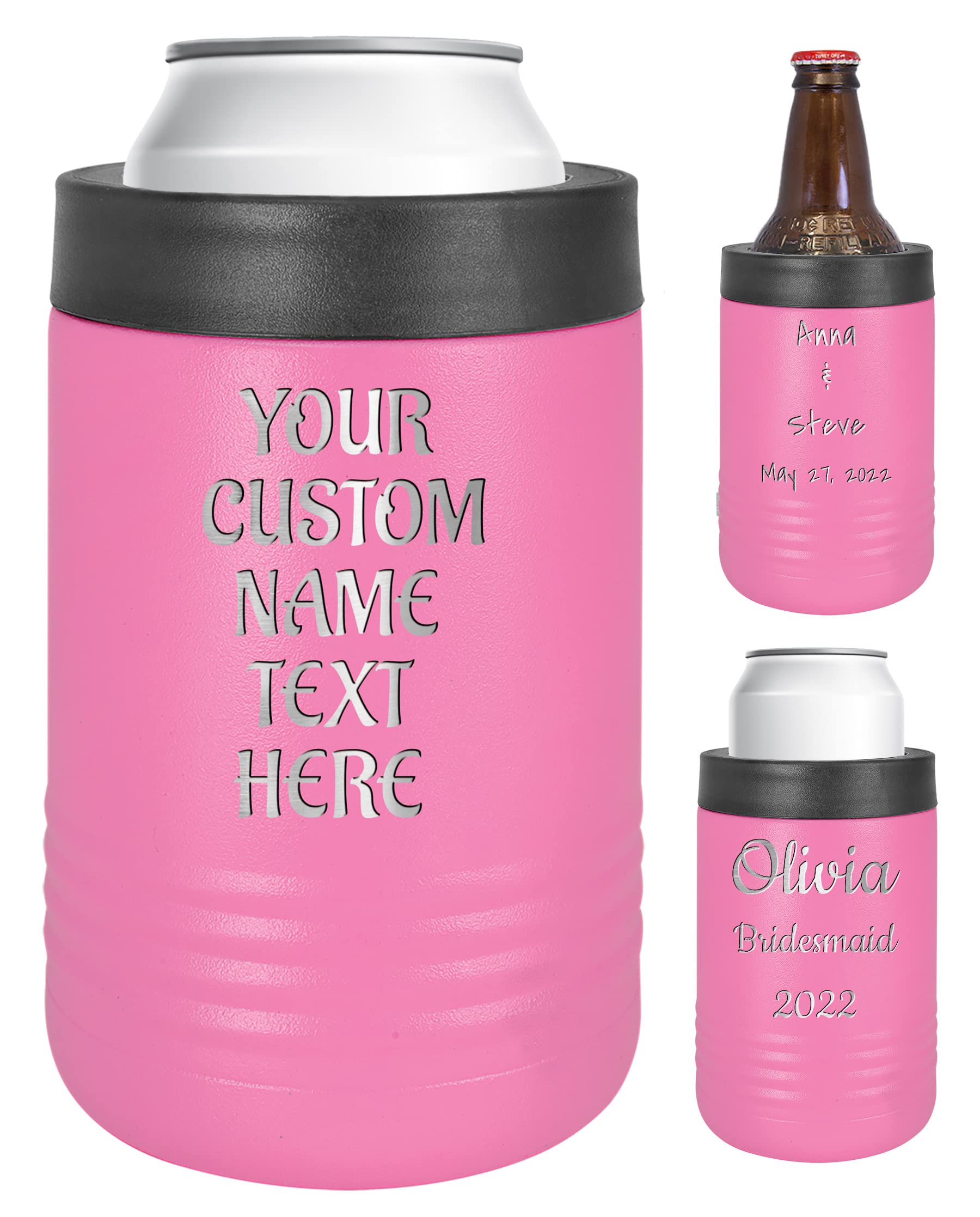 Personalized Stainless Steel Engraved Insulated Beverage Holder Customized Can Cooler With Custom Name Text - Wedding, Birthday,