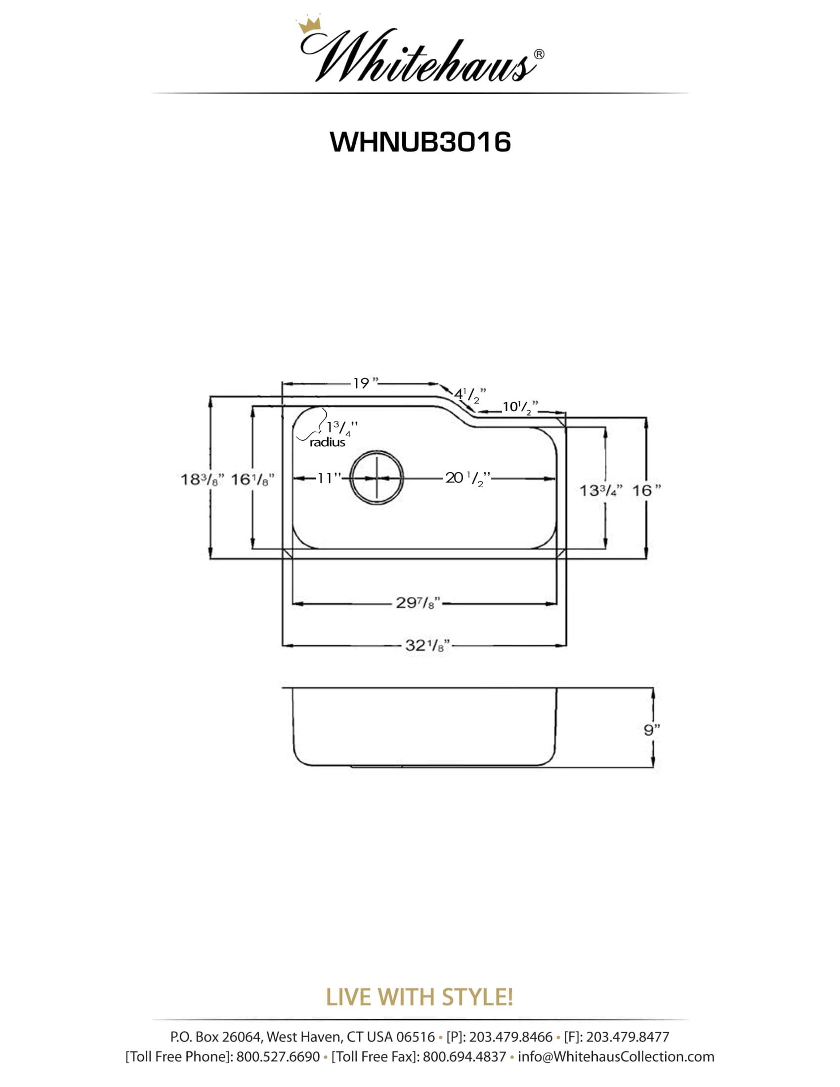 Whitehaus Whnub3016-Bss Noah'S Collection 32 1/8-Inch Single Bowl Undermount Kitchen Sink, Brushed Stainless Steel