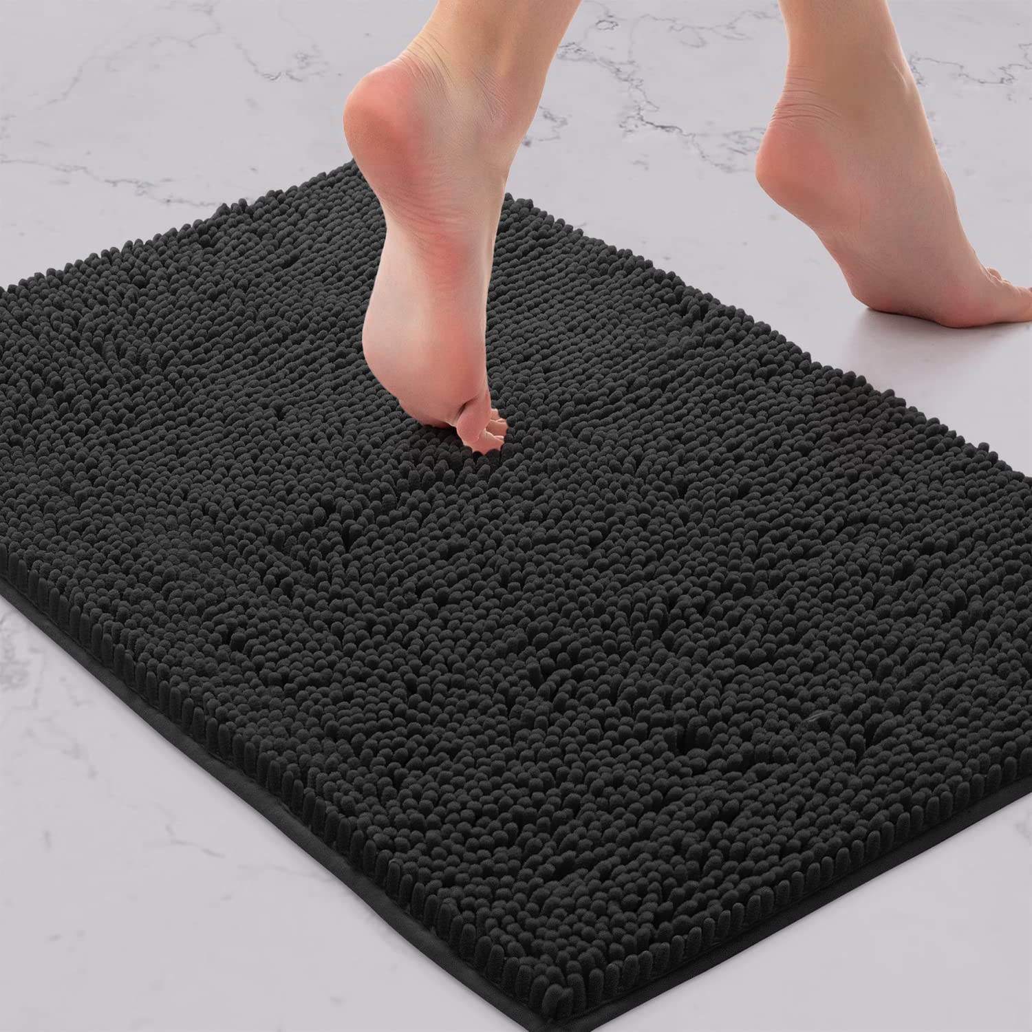 LuxUrux Black Bathroom Rug  Non-Slip Bath Mat 24 ' ' x 17 ' ' Machine-Washable Bath Mats with Water Absorbent Soft Microfibers Chenille Plush Bath Rugs-Black