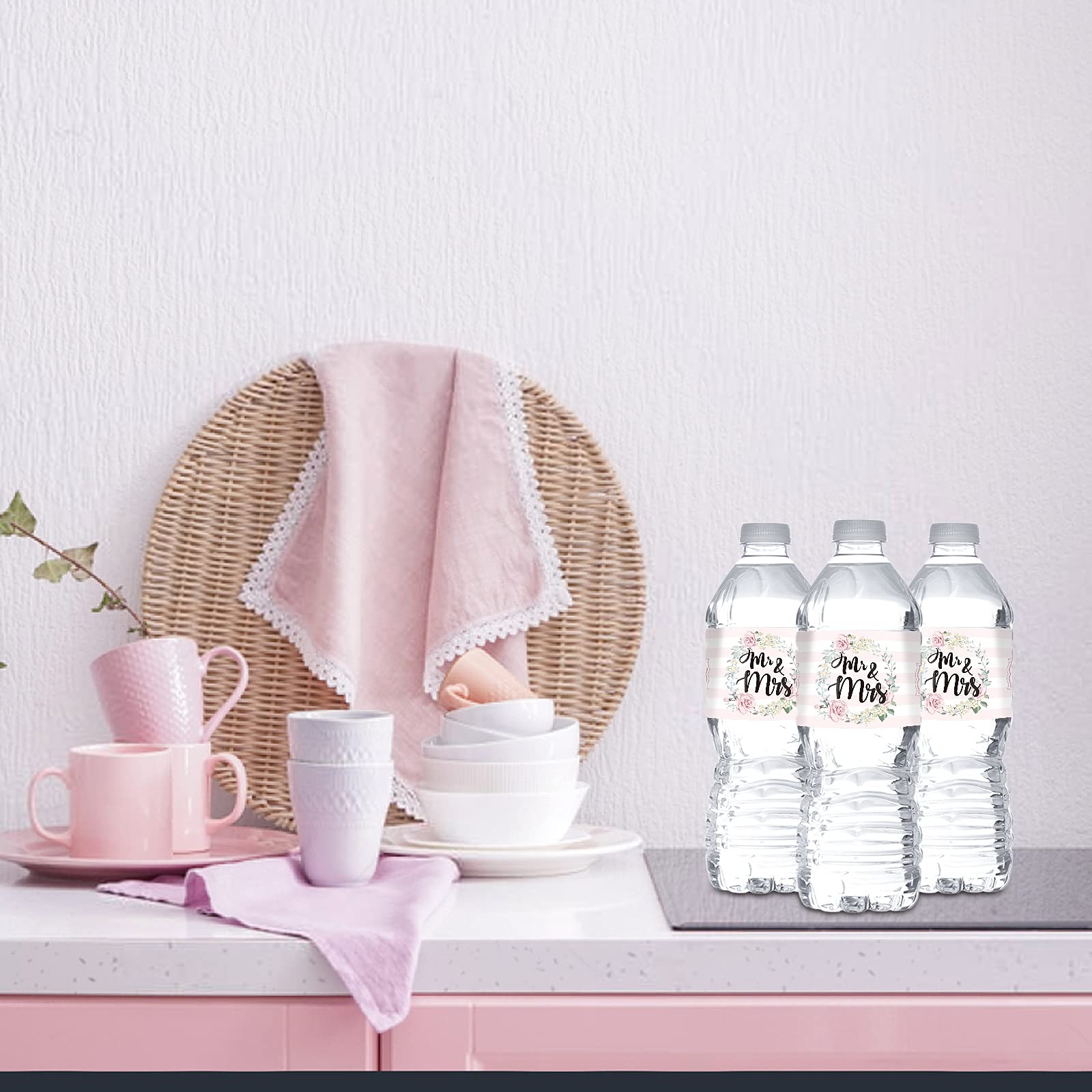 Pink And White Mr & Mrs Water Bottle Stickers/Birdal Shower Bottle Wrappers/Wedding Party Bride To Be Water Labels Supplies (Set