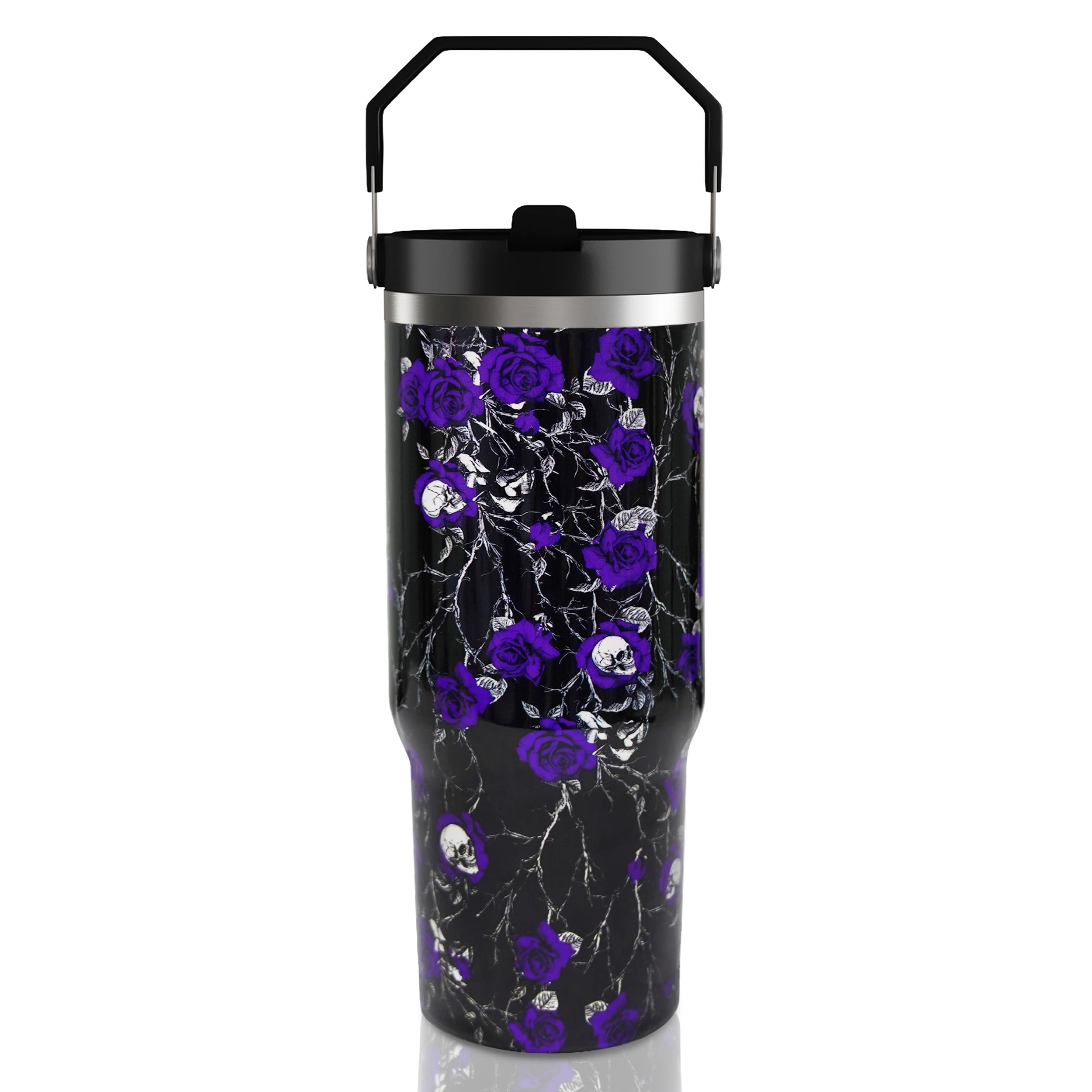 30oz Halloween Tumbler with Handle and Straw, Goth Floral Skull Insulated Tumbler, Leak Proof Travel Coffee Mug, Reusable Stainl
