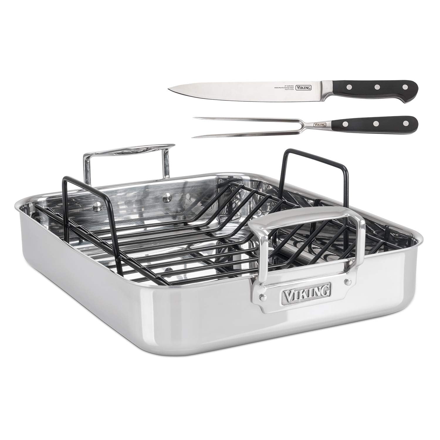 Viking Culinary 4013-9902 3-Ply Stainless Steel Roasting Pan With Nonstick Rack + Bonus 8 Carving Set, 16 Inch By 13 Inch