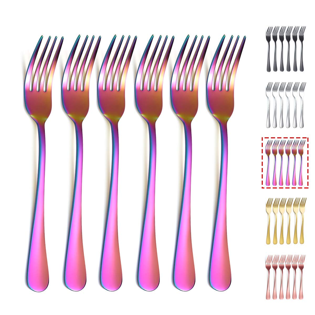 Kyraton Rainbow Dinner Fork 6 Pieces, Stainless Steel 8.17 Inch Forks Colorful Titanium Plating Silverware, Mutil-Color Forks Se