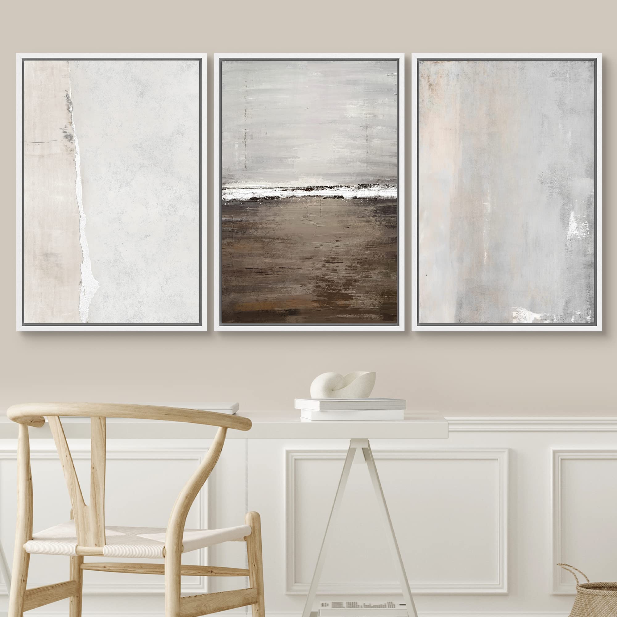SIGNWIN Framed Canvas Print Wall Art Set Gray Grunge Watercolor Landscapes Shapes Abstract Illustrations Modern Art Decorative Nordic Chic Calm/Zen for Living Room  Bedroom  Office - 24''x36''x3 White