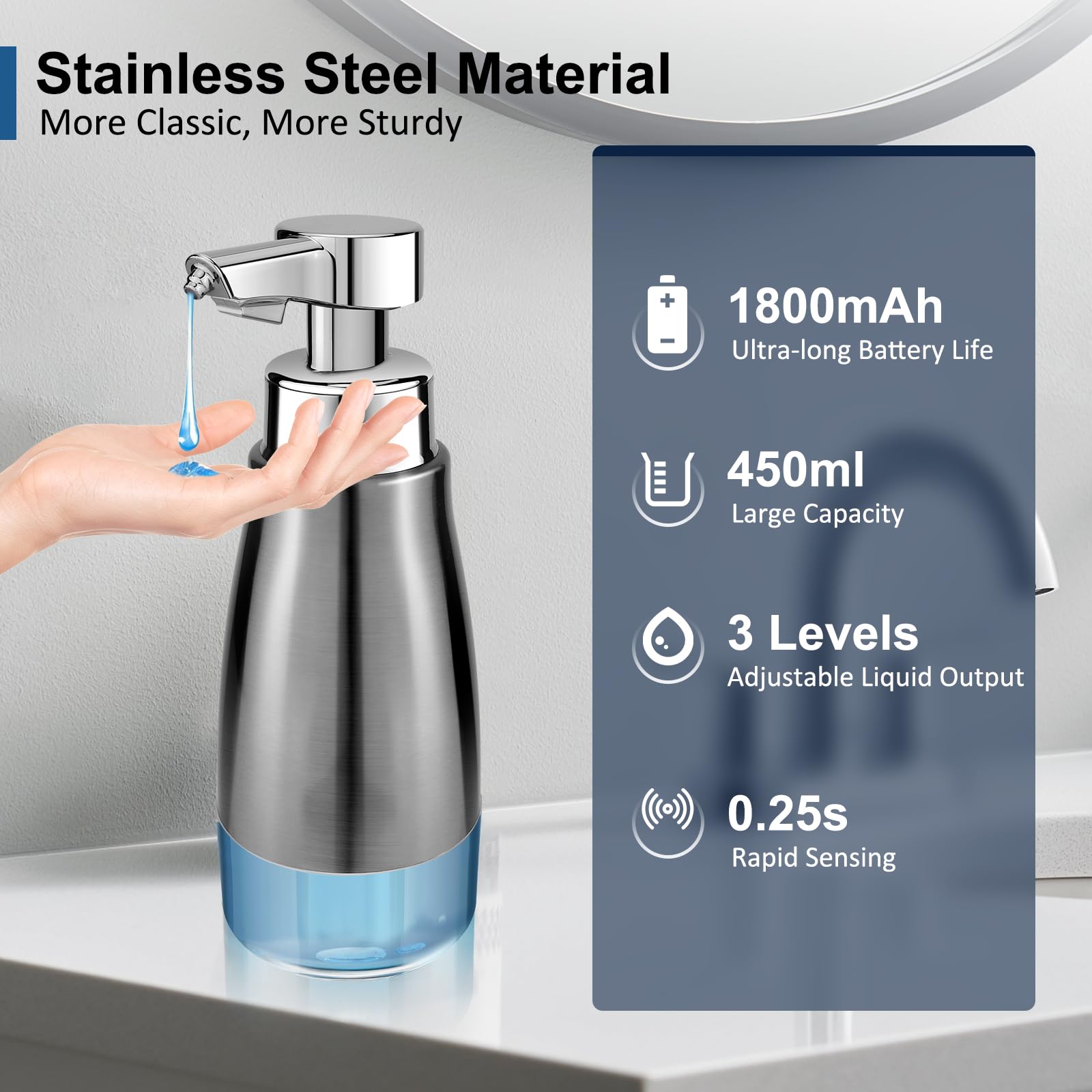 Blancel Automatic Soap Dispenser Touchless Stainless Steel Auto Liquid Hand Dish Soap Dispenser 3-Level Adjustable Hands Free El