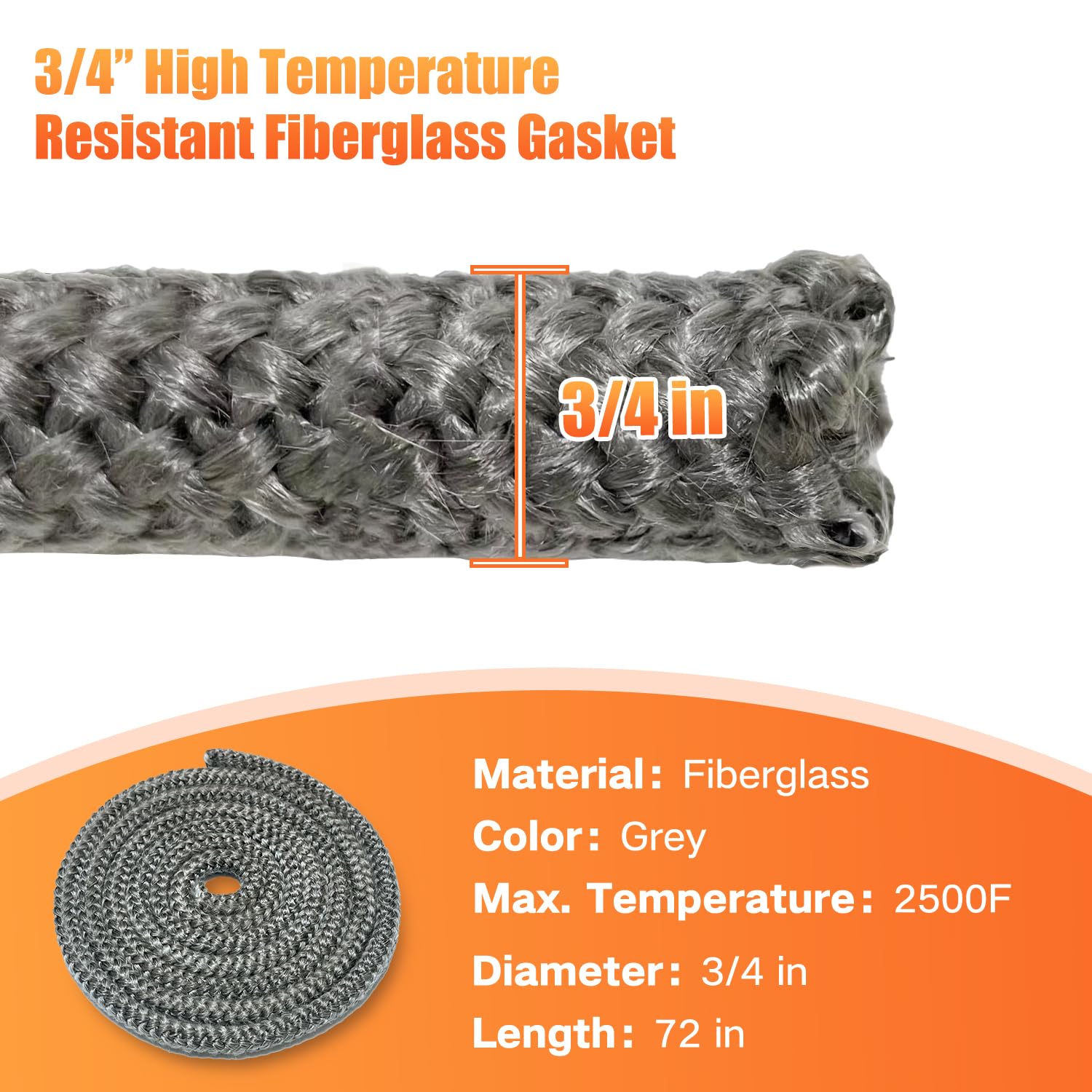 Protalwell Wood Stove Door Gasket, 3/4" Fiberglass Replacement, Heat Resistant, Grey, 72" Long