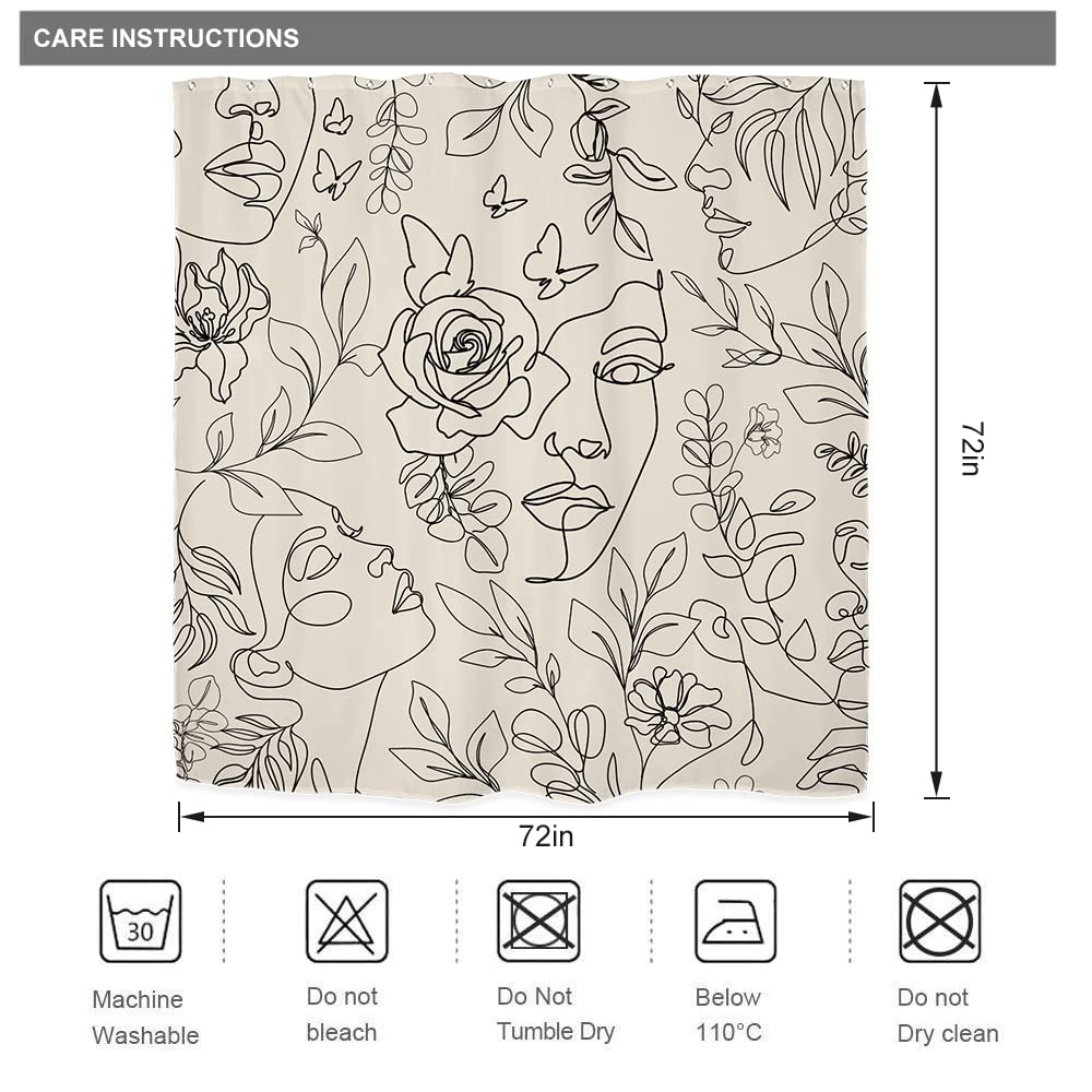 Riyidecor Abstract Face Shower Curtain for Bathroom Decor 72Wx72H Black Lines Women Face Floral Butterfly Silhouette Aesthetic Minimalist Art Printed Fabric Polyester Waterproof 12 Pack Plastic Hooks