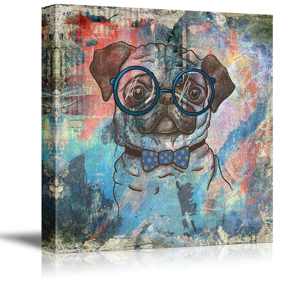 Wall26 Square Dog Series Canvas Wall Art - Vintage Style Colorful Painting Of A Pug With Glasses - Giclee Print Gallery Wrap Mod