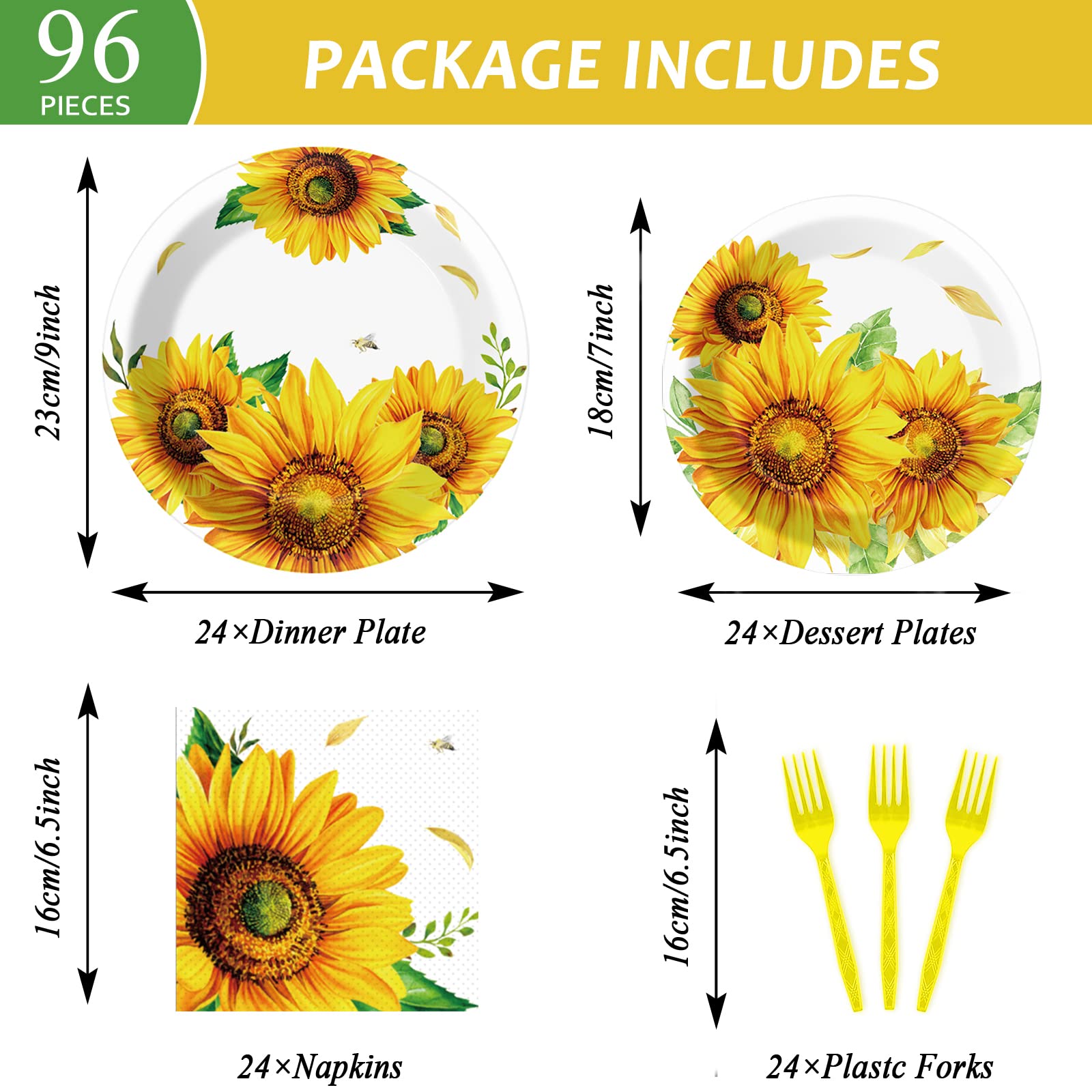 96 Pcs Sunflower Party Supplies Sunflower Themed Party Decoration Sunflower Party Tableware Set Kids Party Paper Plate Napkin Fo