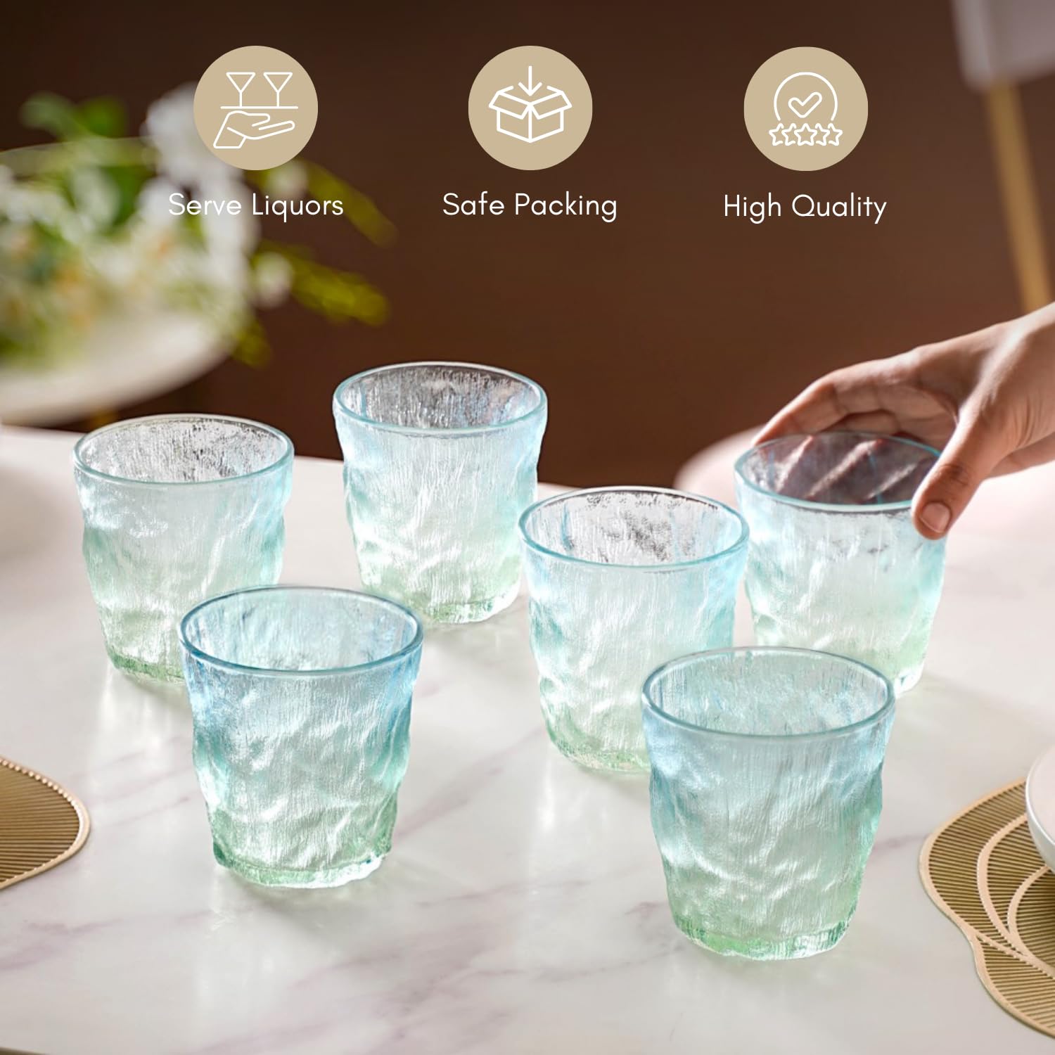 Nestasia Short Glasses Set of 6, Food-Safe and Lead-Free Tumbler, Ombre Glacier Tempered Glassware, 250ml each