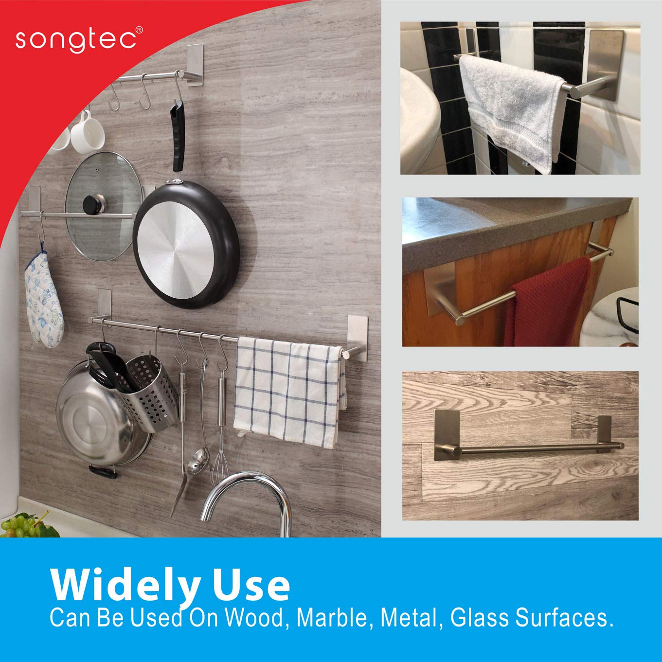 Songtec Bathroom Towel Bar 16-inch  No Drill Stick On Towel Rack  Easy Install with Self-Adhesive  Premium SUS304 Stainless Steel - Brushed Nickle
