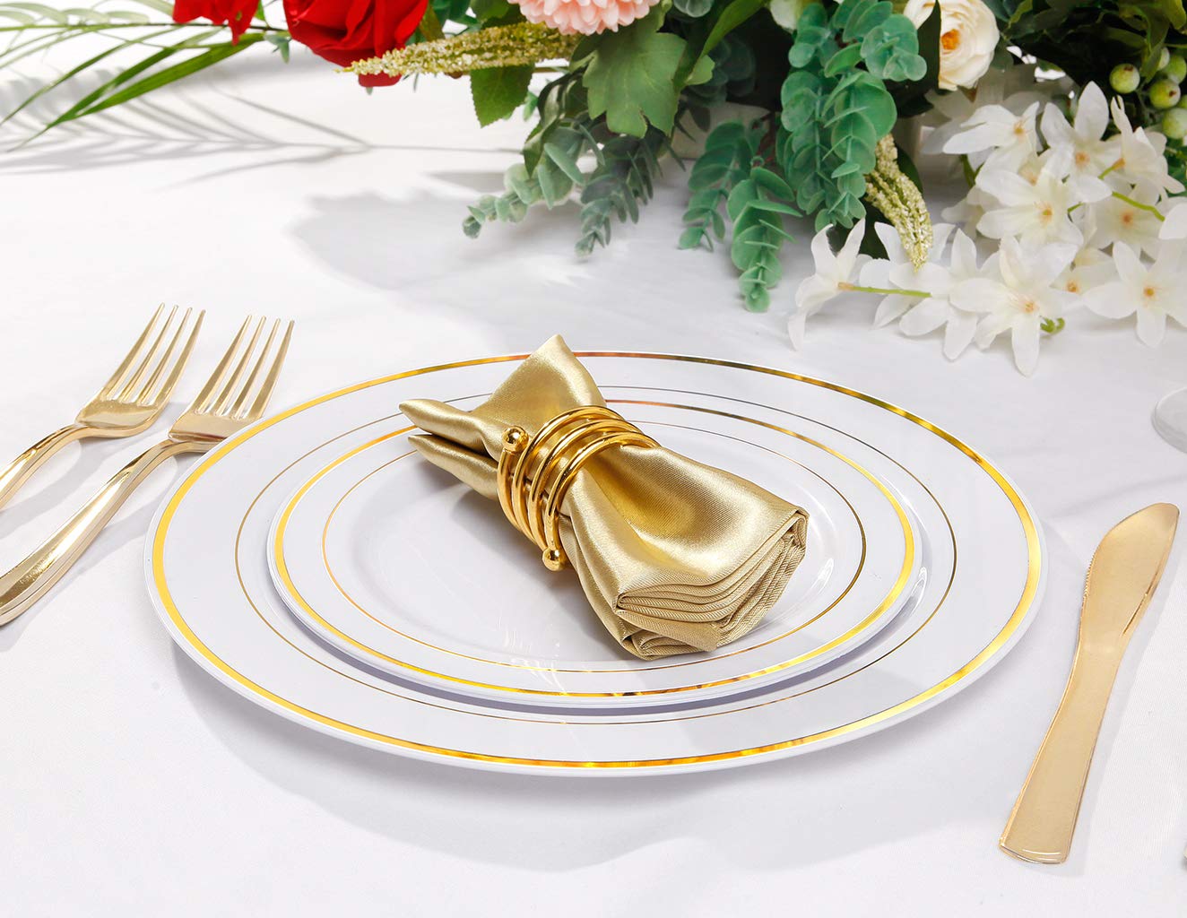 Bucla 100Pieces Gold Plastic Dinner Plates - 10.25Inch Gold Plates Disposable For Party - White And Gold Plastic Plates - Ideal