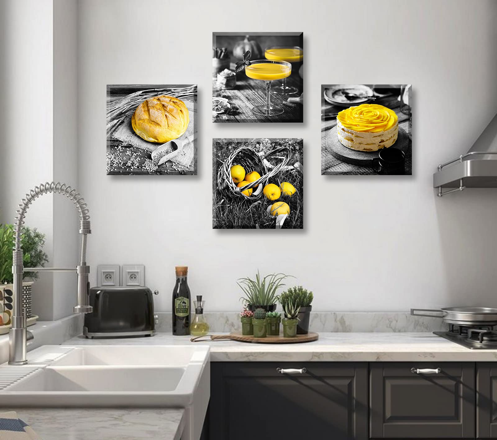 DJSYLIFE Kitchen Wall Decor Black and White Yellow Wall Art Bread Cake Fruit Picture Canvas Print Paintings for Cafe Dining Room Restaurant Farmhouse Kitchen Decoration 12'' Wx12 Hx4