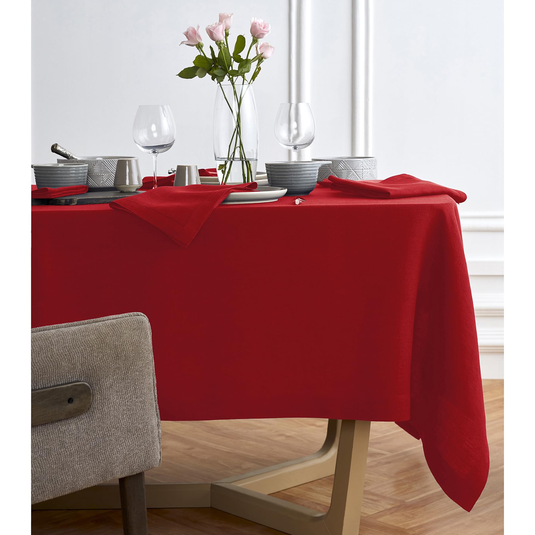 Solino Home Red Linen Tablecloth 126'' L X 70'' W Inch - Sonoma, 100% Pure Linen Prewashed Table Cloth For Rectangle Tables - Ma