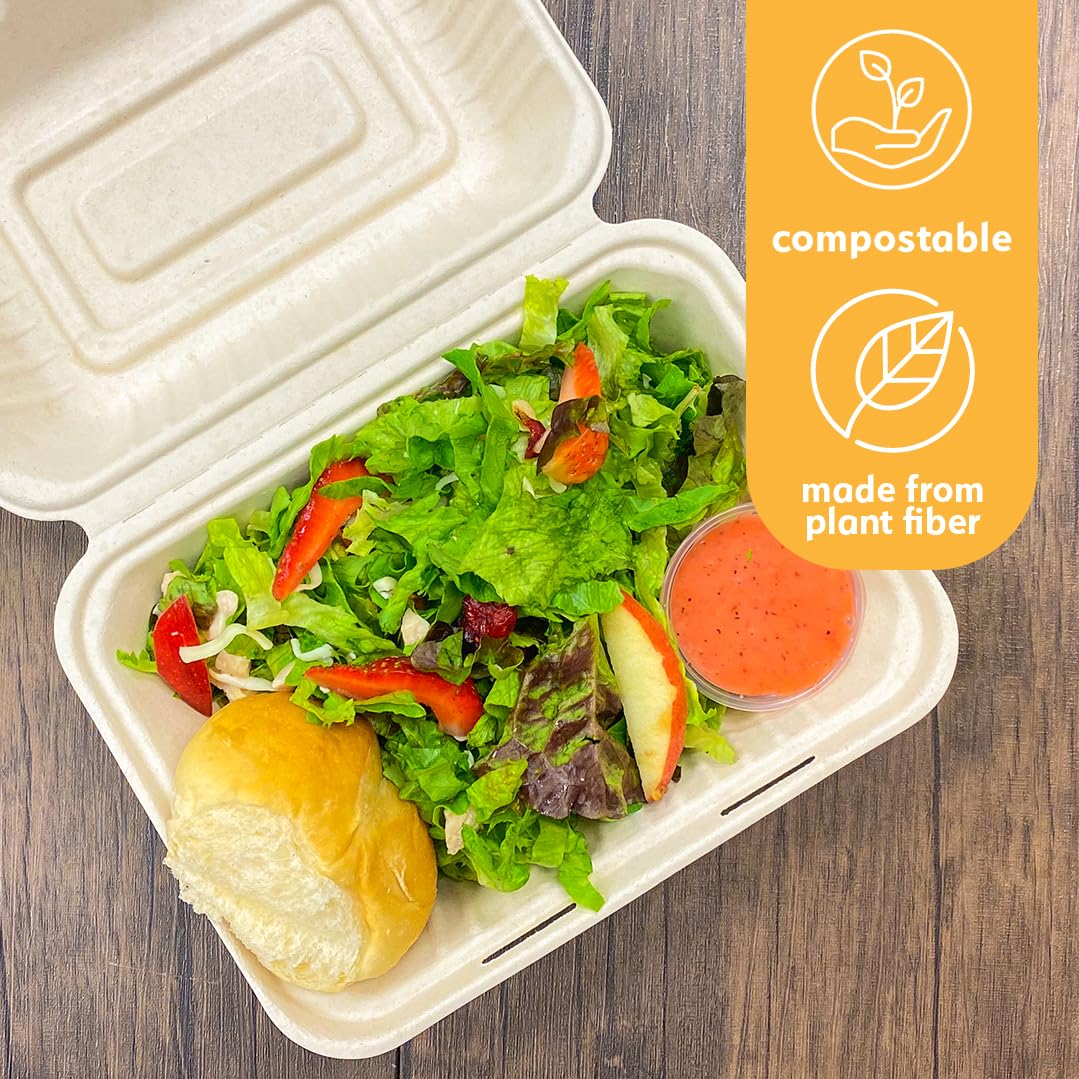 100% Compostable Disposable Food Containers With Lids [9   X6    50 Pack] Eco-Friendly Take-Out To-Go Containers, Heavy-Duty, Bi