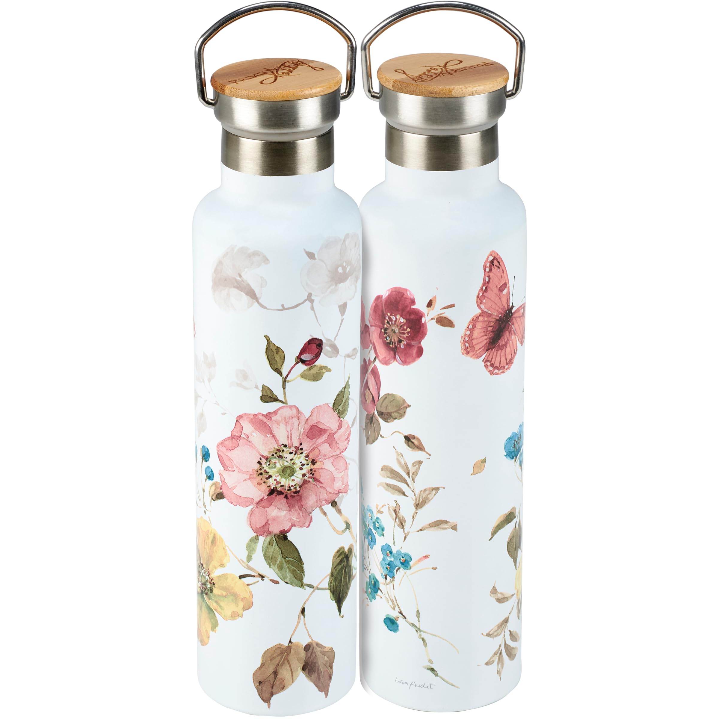 Primitives by Kathy Watercolor Florals Metal Bottle, 25 oz Stainless Steel Insulated Bottle with Bamboo Top Lid and Metal Handle