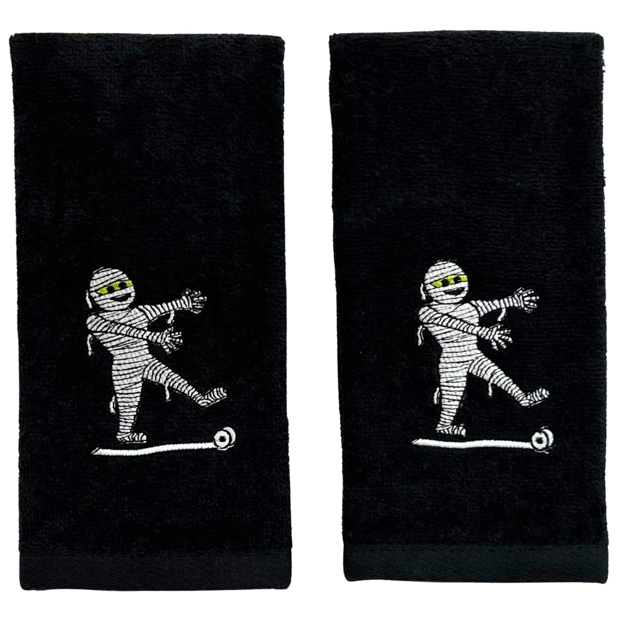 Serafina Home Halloween Fingertip Towels, Embroidered Mummy Design, 2 Pieces, Black Cotton, 12 X 18 Inches,